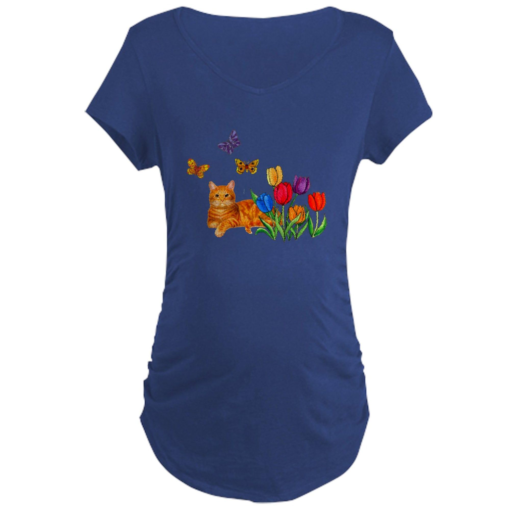 Orange Cat in Tulips Maternity T-Shirt for Women - Stretchy Ruched Side Pregnancy Tee - Perfect for Baby Showers & Maternity Photos