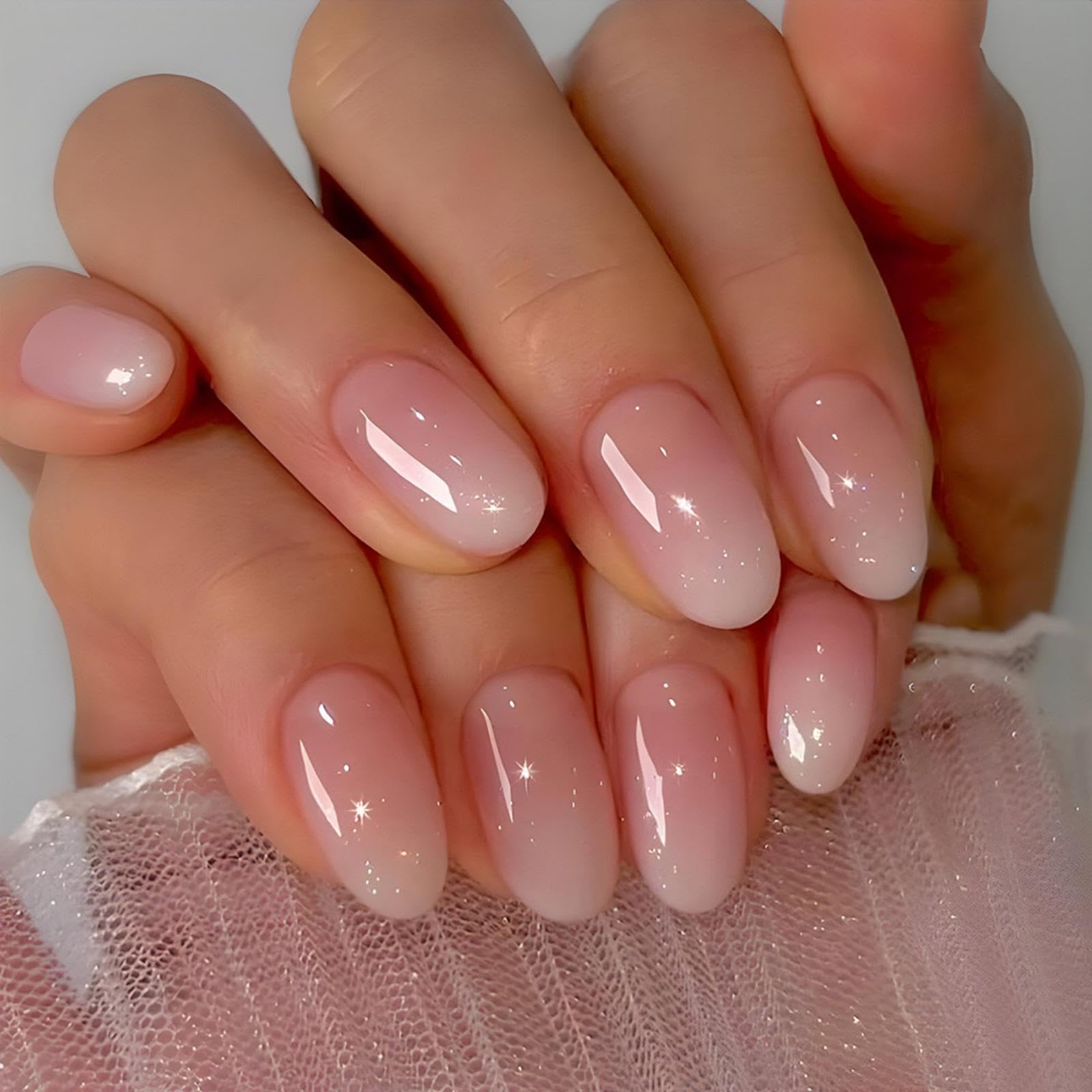 24pcs Short Almond Fake Nails - Nude & Pink Ombre Press On Nails with Glossy Finish, Reusable Acrylic Nails for Glue or Press On Application - Perfect for Weddings, Parties & Everyday Wear