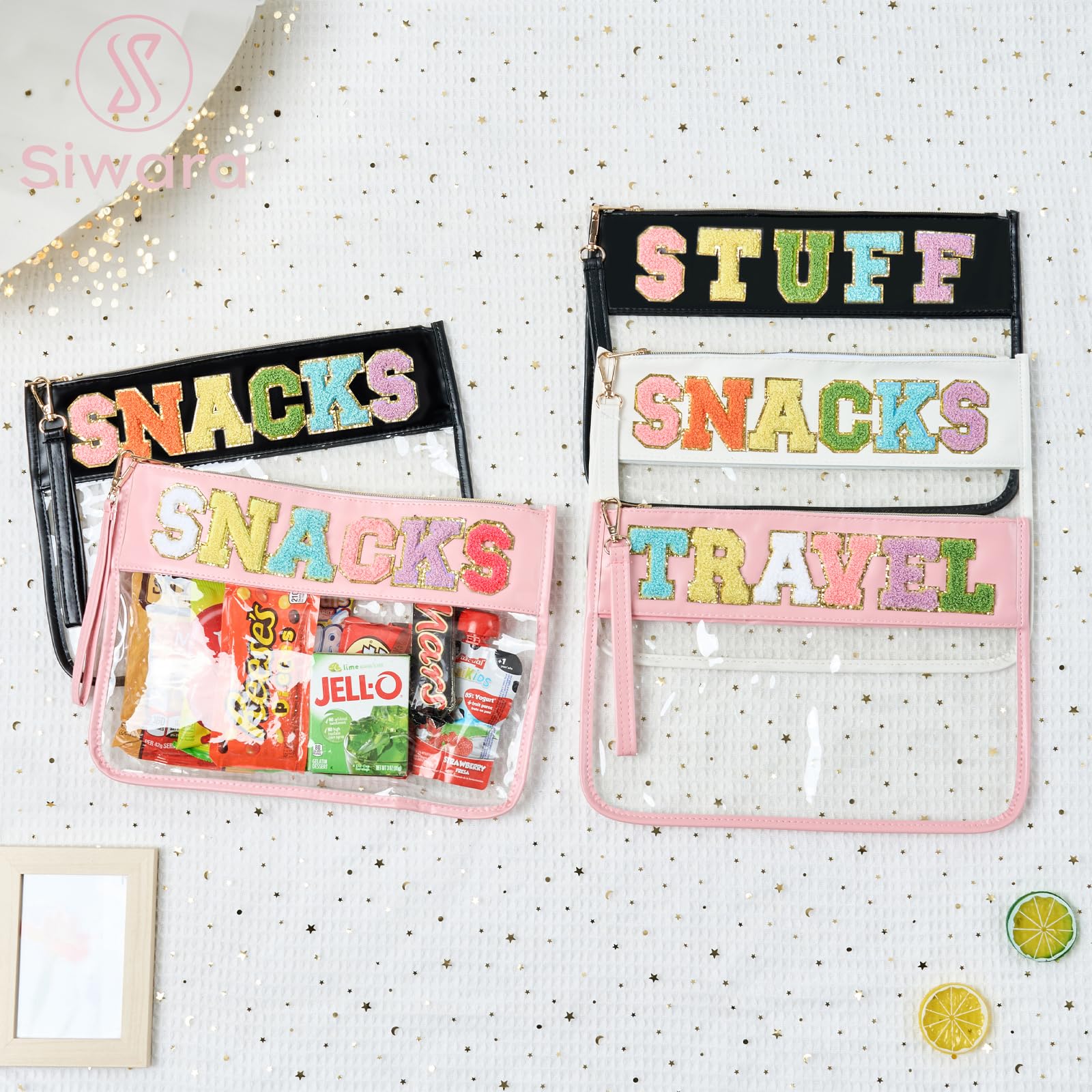 Snack Bags Pouch | Travel Makeup Bag with Chenille Letter | Clear Cosmetic Zipper Pouch | Women's Tote & Travel Organizer | Perfect for Snacks, Makeup Storage & On-the-Go Essentials