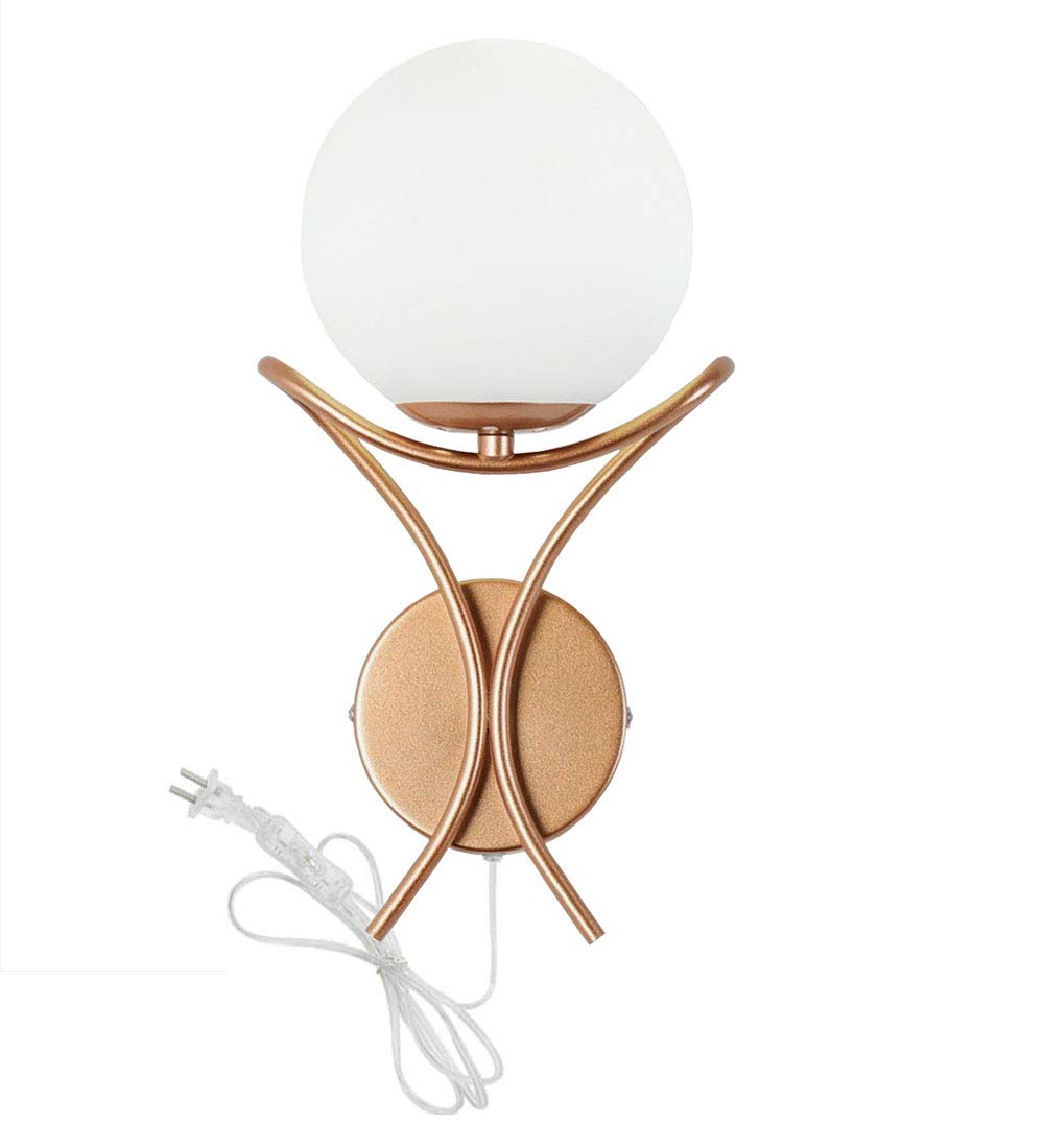 Kiven 1 Light Plug-in Wall Sconce Fixture with White Globe Glass & Satin Copper Finish - Perfect for Bedroom, Hallway, and Living Room Lighting