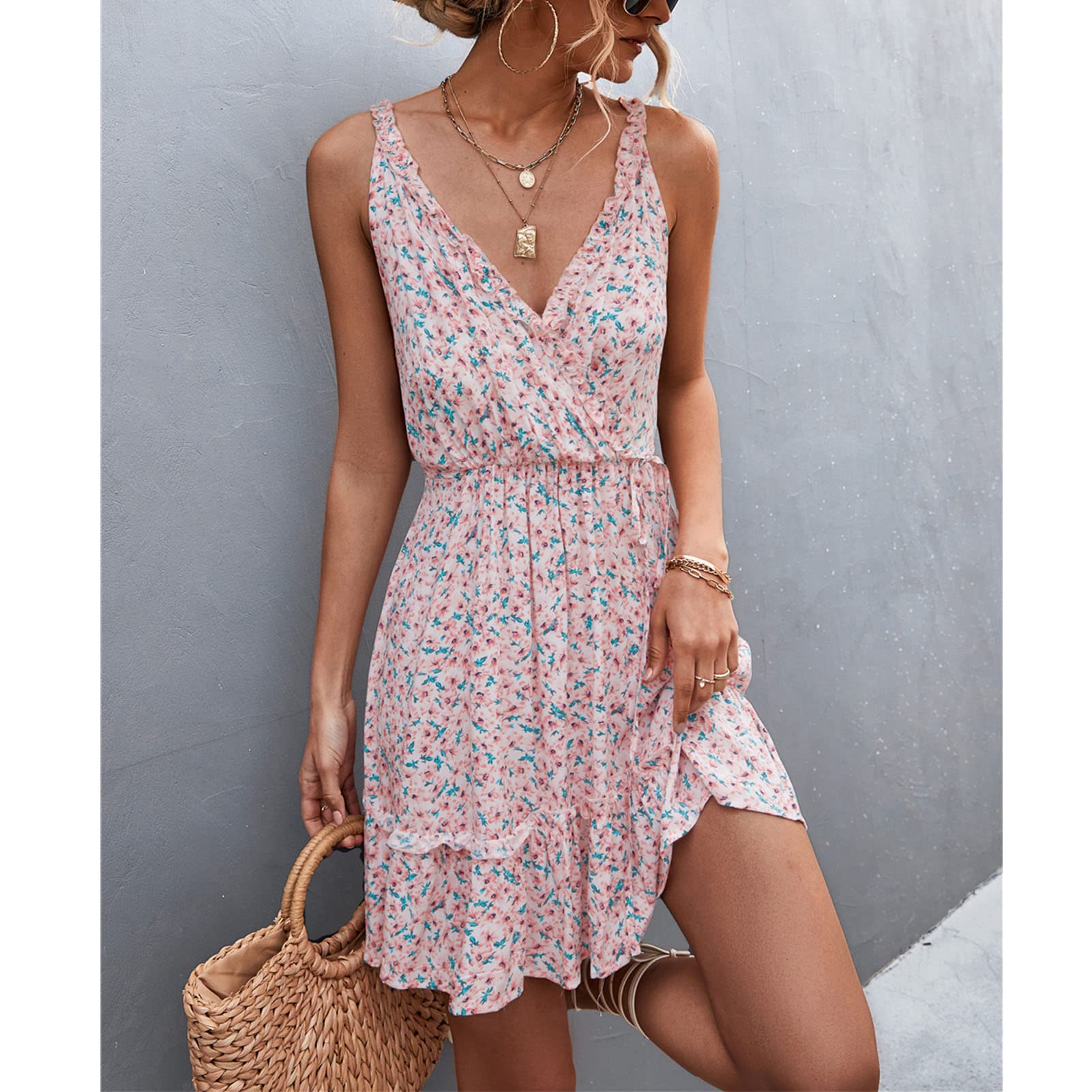 Ejoyous Women's Floral Print Summer Dress - Sleeveless V-Neck Mini Dress with Waist Belt & Ruffled Hem, Knee-Length Loose Fit (Size XL, White) | Perfect for Beach Vacations, Garden Parties & Casual Outings