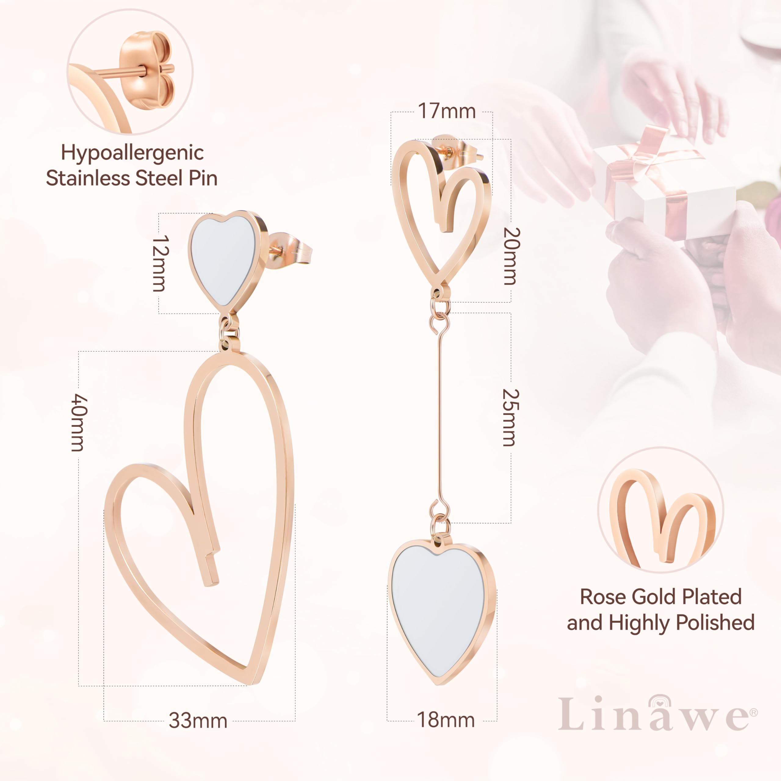 Linawe Titanium Stainless Steel Heart Dangle Earrings for Women - Trendy Gold/Silver/Rose Gold Drop Earrings | Hypoallergenic Asymmetrical Love Jewelry | Perfect for Date Night, Parties & Special Occasions