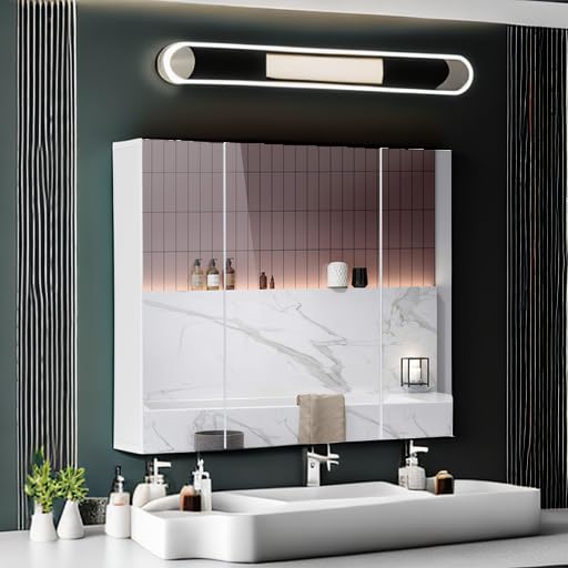 DICTAC 3-Door Medicine Cabinet with Mirror - 27.6x23.62 Inch Bathroom Wall Storage Organizer, Adjustable Shelves, White - Perfect for Bathroom, Bedroom & Vanity Organization