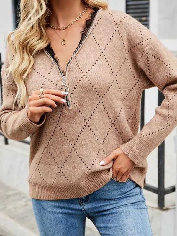 Women's V-Neck Zipper Knit Sweater Top - Soft Casual Pullover for Fall & Winter | Perfect for Office, Date Night & Weekend Outfits