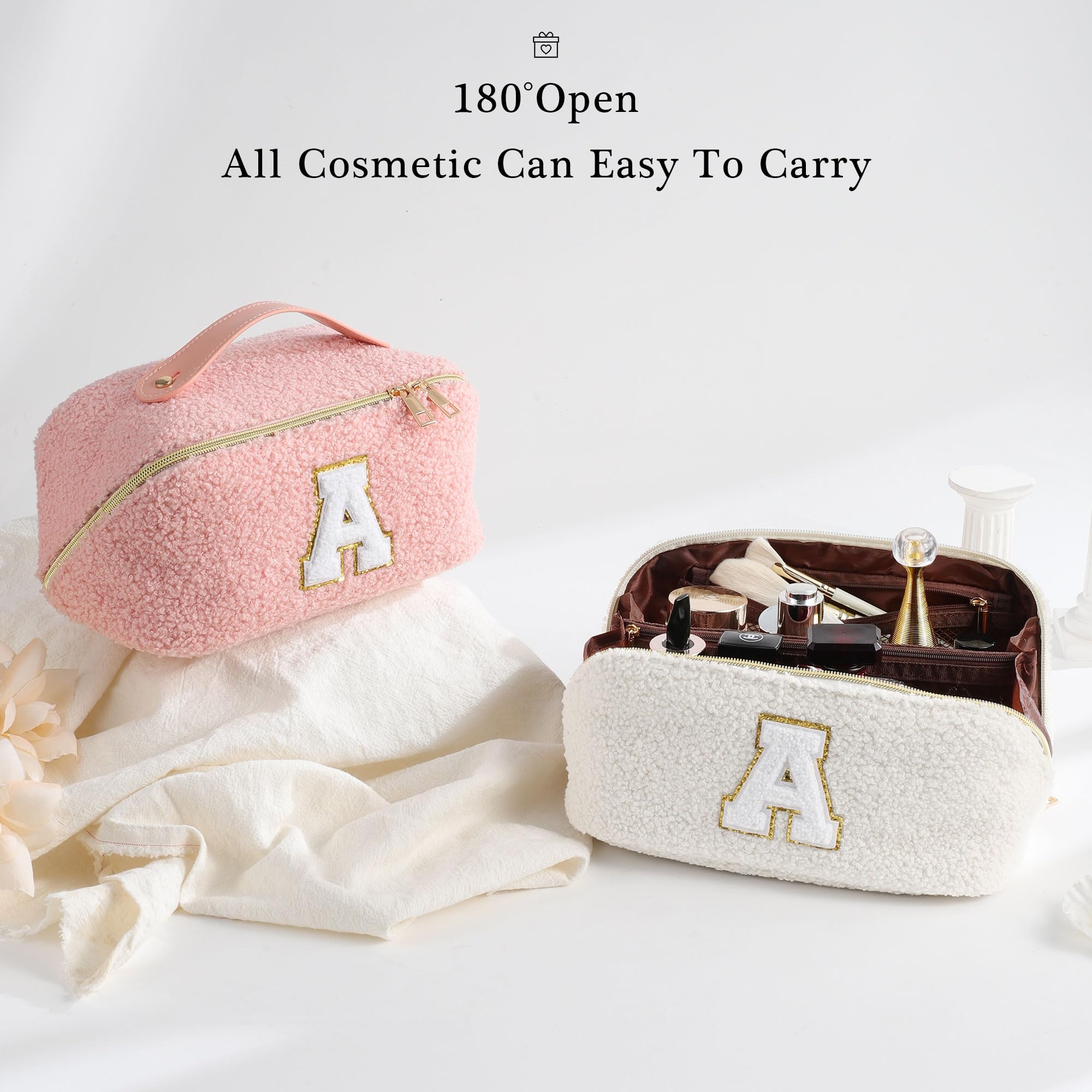 YOOLIFE Personalized Monogram Travel Makeup Bag - Cute Initial Cosmetic Pouch for Women, Waterproof Toiletry Organizer | Perfect for Travel, Gym, Bridal Shower & Birthday Gifts for Girlfriend (White)