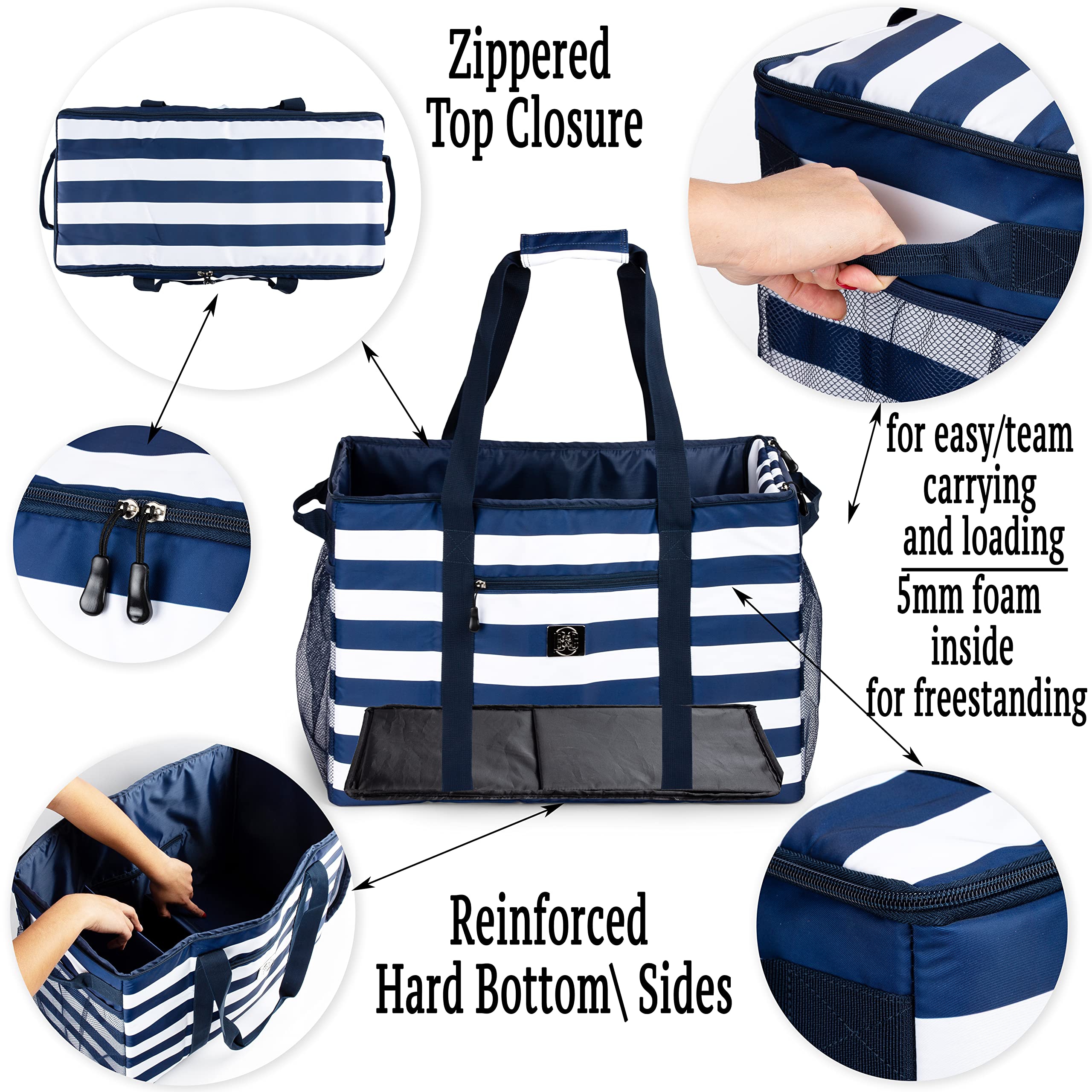 BANG&CARSEN Extra Large Waterproof Beach Tote Bag with Hard Bottom & Top Zipper - Durable Travel Shopping Bag for Women | Perfect for Beach Trips, Poolside, Gym & Grocery Shopping