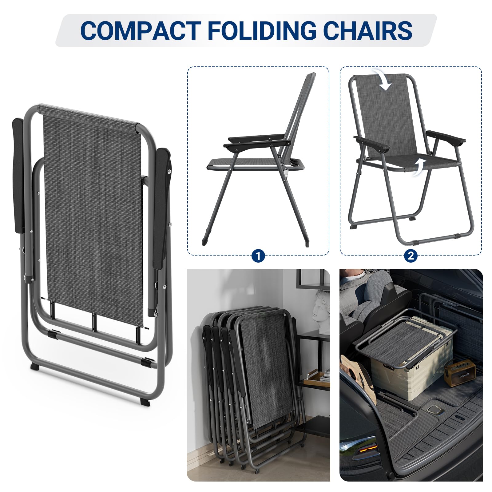 4-Pack Folding Patio Chairs Set - Lightweight Steel Frame Outdoor Dining Chairs with Weather-Resistant Textilene Fabric - Compact Foldable Design (5.7lbs Each, 220lbs Capacity) - Black - Perfect for Backyard, Poolside, Garden & Outdoor Entertaining