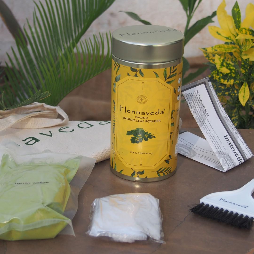 Natural Hennaveda Indigo Powder for Hair Dye - 400g with Free Hair Dye Brush, Gloves & Shower Cap | Organic Herbal Hair Coloring for Gray Coverage & Conditioning | Perfect for At-Home Hair Treatment & DIY Beauty