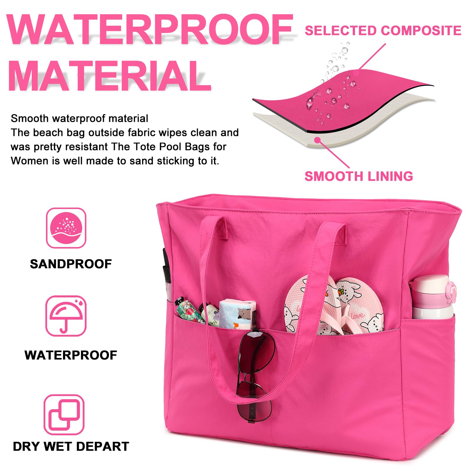 Waterproof Large Beach Tote Bag for Women - Gym, Pool & Travel Carry On Bag with Wet Compartment - Perfect for Swimming, Vacation & Weekender Trips