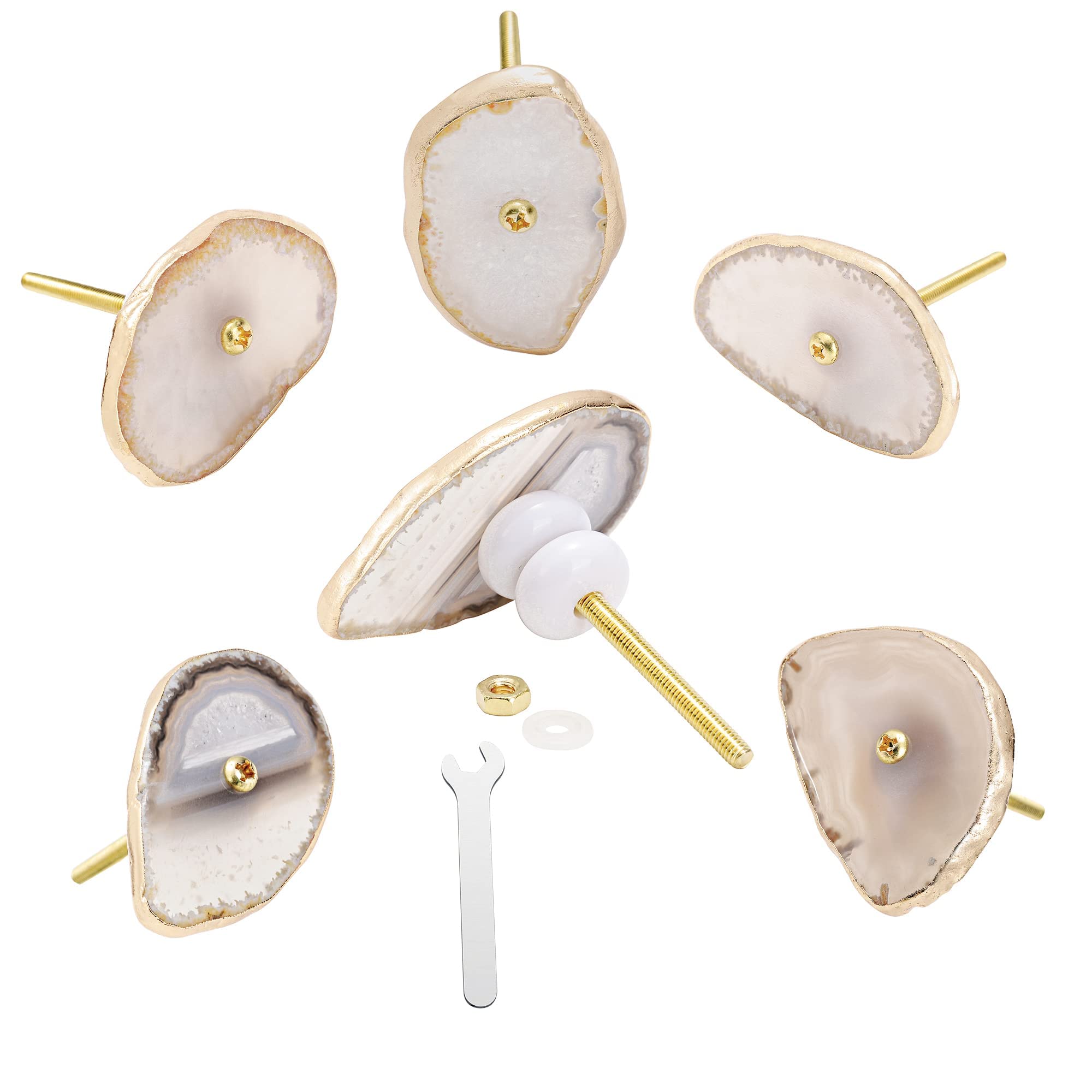 6-Pack White Agate Slice Drawer Knobs - Vintage Gold Stone Cabinet Handles for Dresser, Wardrobe & Kitchen Cabinets - Unique Antique Decorative Pulls for Home Furniture Upgrade