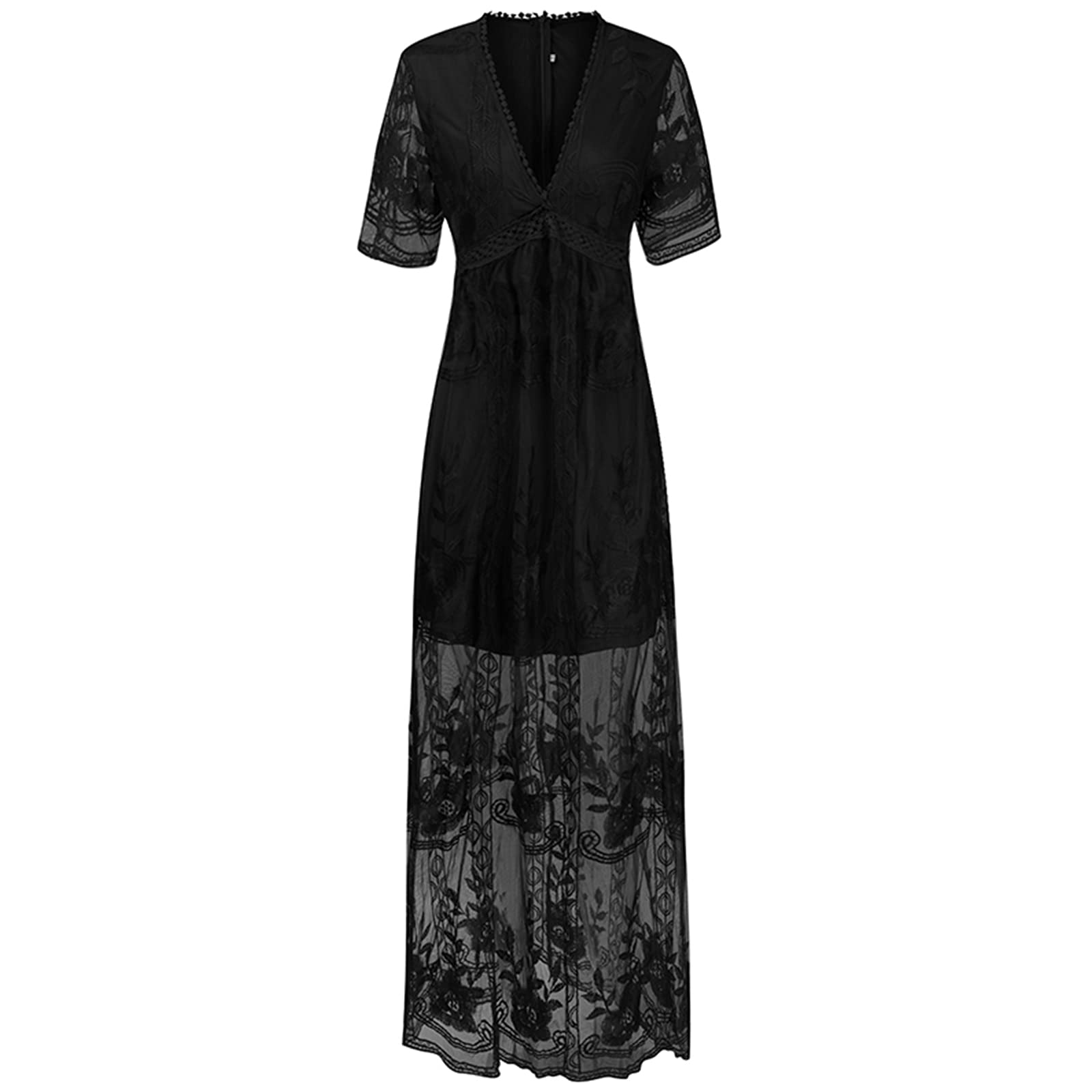 Women's Deep V Neck Short Sleeve Floral Lace Maxi Dress - Elegant Long Bridesmaid Gown for Weddings, Parties & Summer Vacations