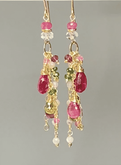 Long Gemstone Dangle Earrings with Pink Sapphire, Peridot & Ruby | 14K Gold Filled | Elegant Jewelry for Women | Perfect for Weddings, Parties & Special Occasions