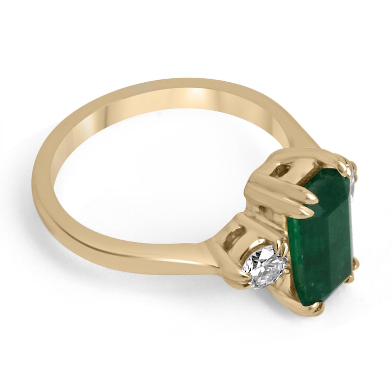 2.78tcw 18K Gold Natural Emerald Cut & Brilliant Round Diamond Three Stone Ring - Deep Dark Alpine Green Gemstone Jewelry for Engagement, Wedding & Anniversary Gifts
