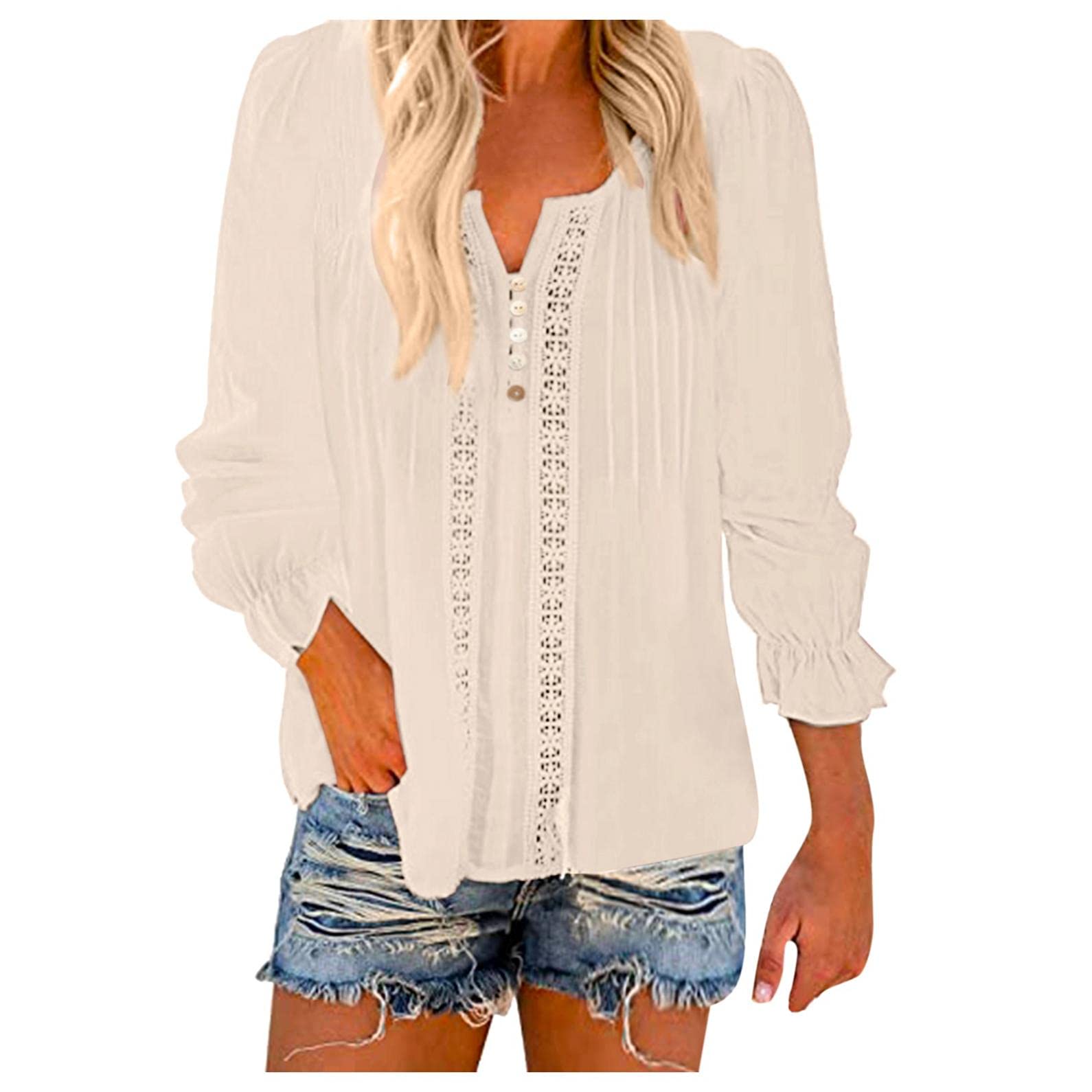 USYY Women's Long Sleeve Button Down Shirt - V-Neck Loose Fit Casual Blouse for Work & Everyday Wear | Solid Color Tops for Office, Date Night & Weekend Outings