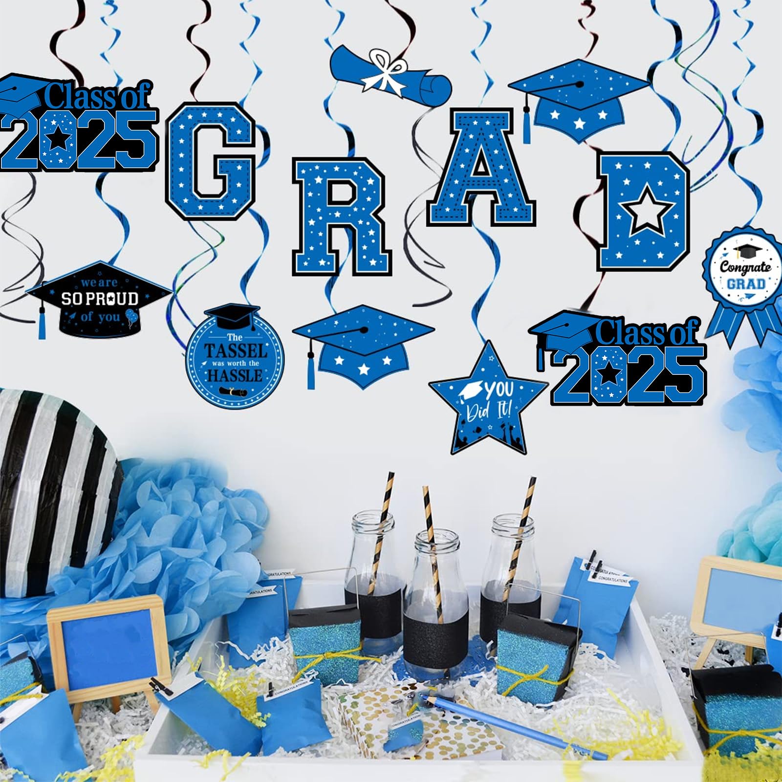 JOYMEMO 30-Pack Blue & Black Graduation Swirl Decorations 2025 - Class of 2025 Graduation Party Supplies for High School & College - Perfect for Graduation Ceremony, Party Decor & Photo Backdrops