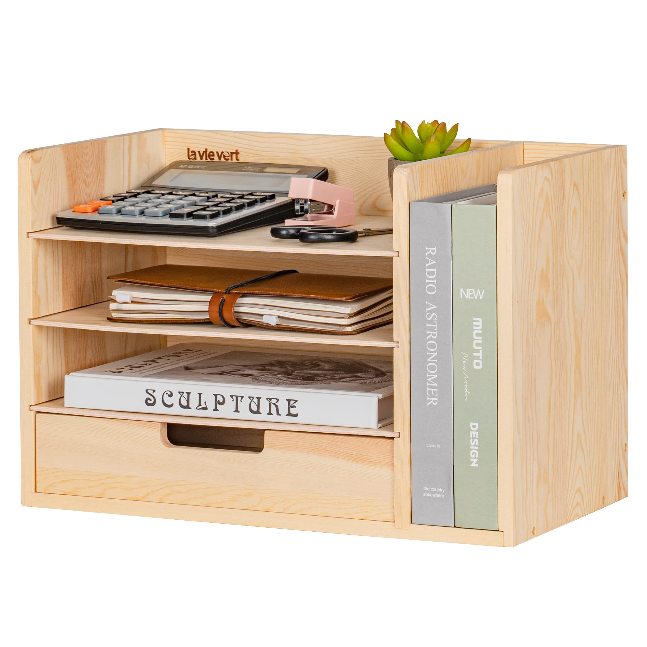 LAVIEVERT Wooden Desktop File Organizer with Drawer & 3 Adjustable Shelves - Mail Sorter, Paper Storage Cabinet for Home Office - Burly Wood - Perfect for Desk Organization, Document Management & Office Supplies Storage