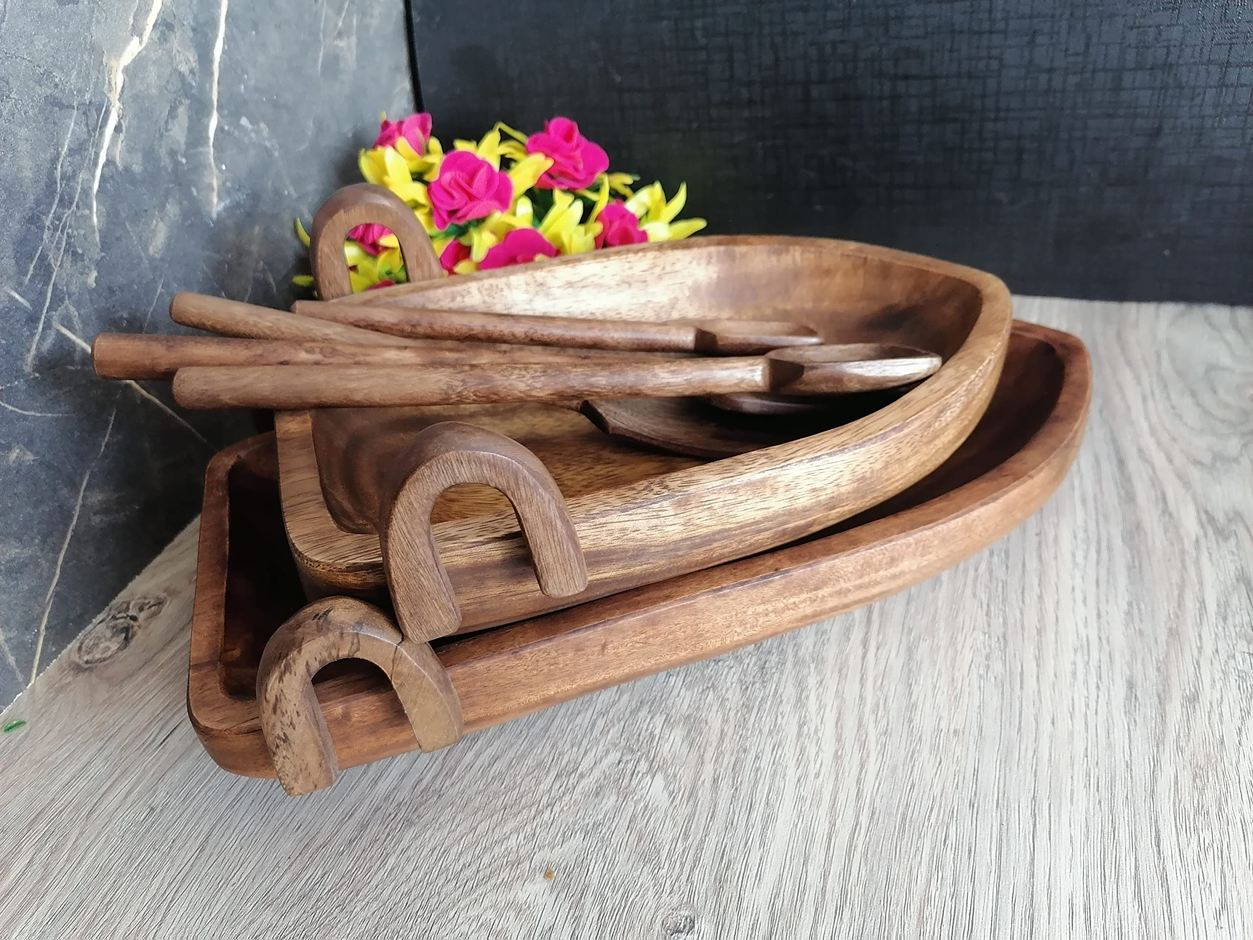 Premium Set of 2 Acacia Wood Serving Trays - Natural Brown Wooden Boat-Shaped Platters for Fruits, Salads, Snacks, Charcuterie & Appetizers | Includes 2 Forks & Spoons (10