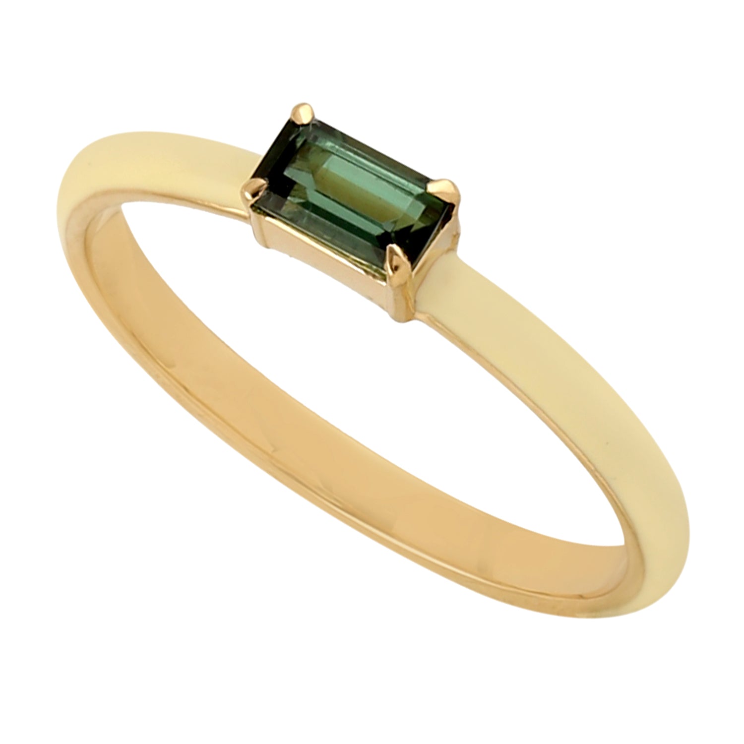 14K Yellow Gold Baguette Cut Green Tourmaline Enamel Single Stone Band Ring for Women | Elegant Wedding, Engagement & Everyday Jewelry Gift