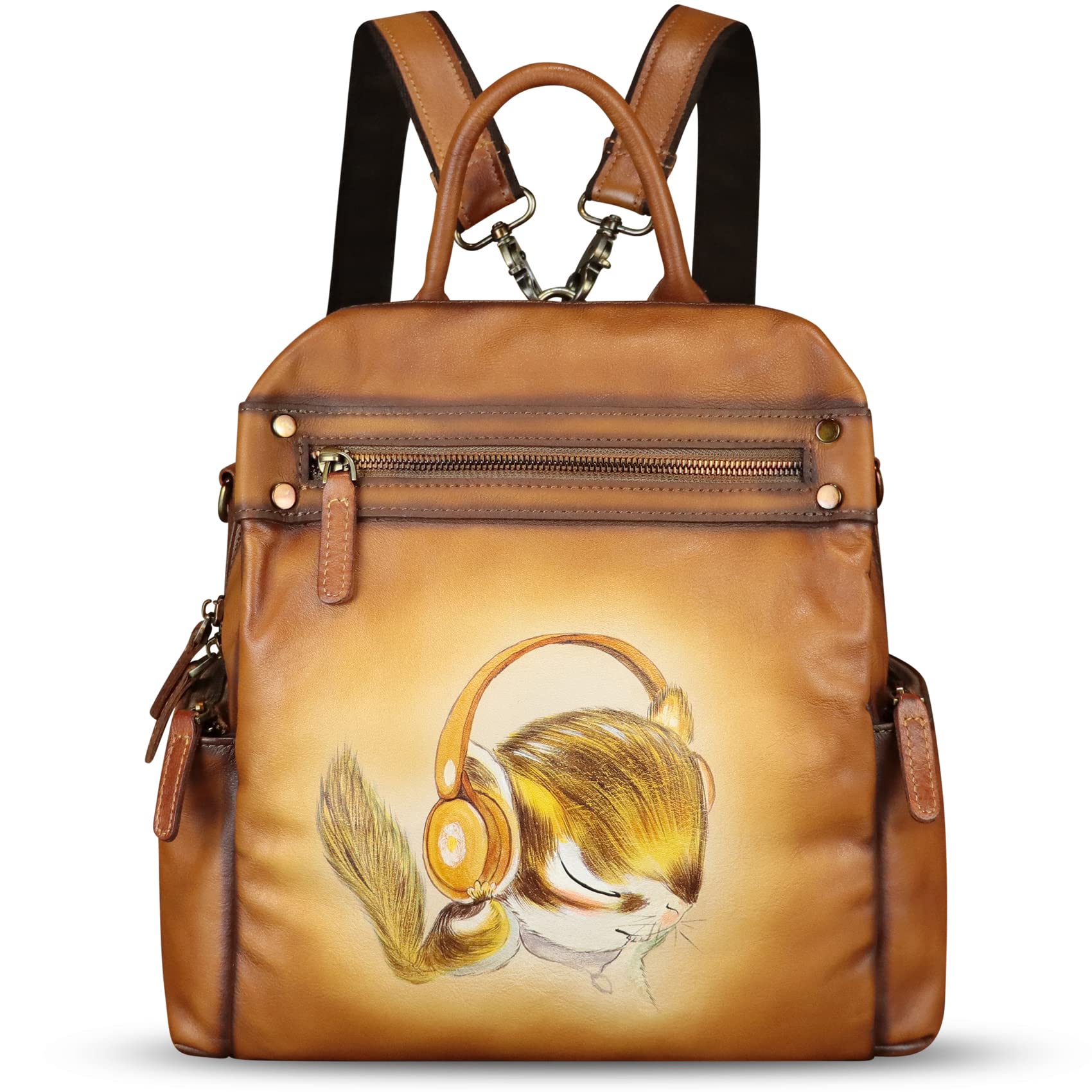 Handmade Genuine Leather Backpack for Women - Hand Painted Designer Knapsack Purse, Convertible Rucksack for College, Travel & Daily Use (Pattern 1) - Perfect for Work, School & Casual Outings
