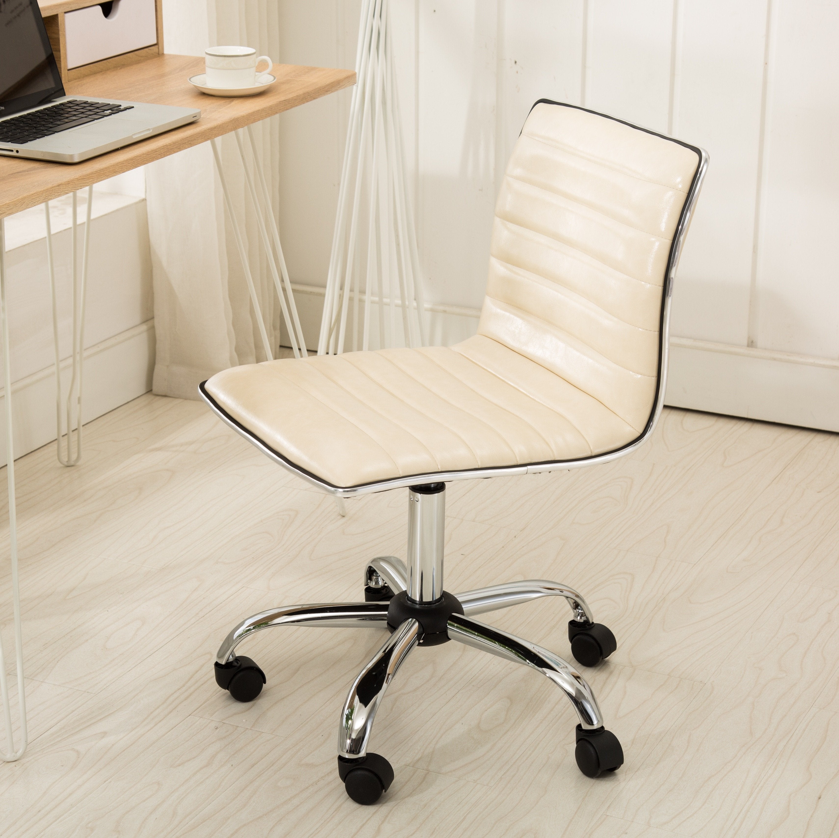 Roundhill Furniture Fremo Chromel Adjustable Air Lift Office Chair - Ergonomic Swivel Task Chair with Lumbar Support, Height Adjustable, Beige - Perfect for Home Office, Gaming & Workspace