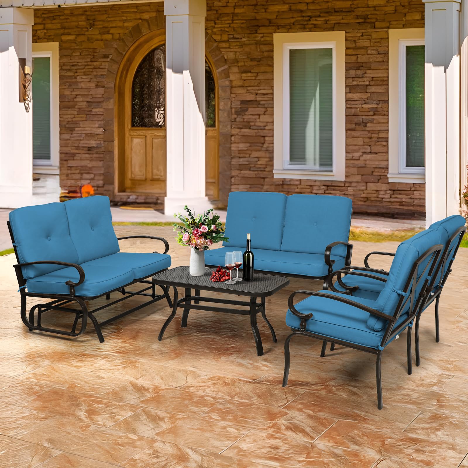 Oakcloud 5-Piece Outdoor Metal Patio Furniture Set - Wrought Iron Glider with 2 Chairs, Loveseat & Coffee Table in Peacock Blue - Perfect for Garden, Backyard, Poolside & Outdoor Relaxation