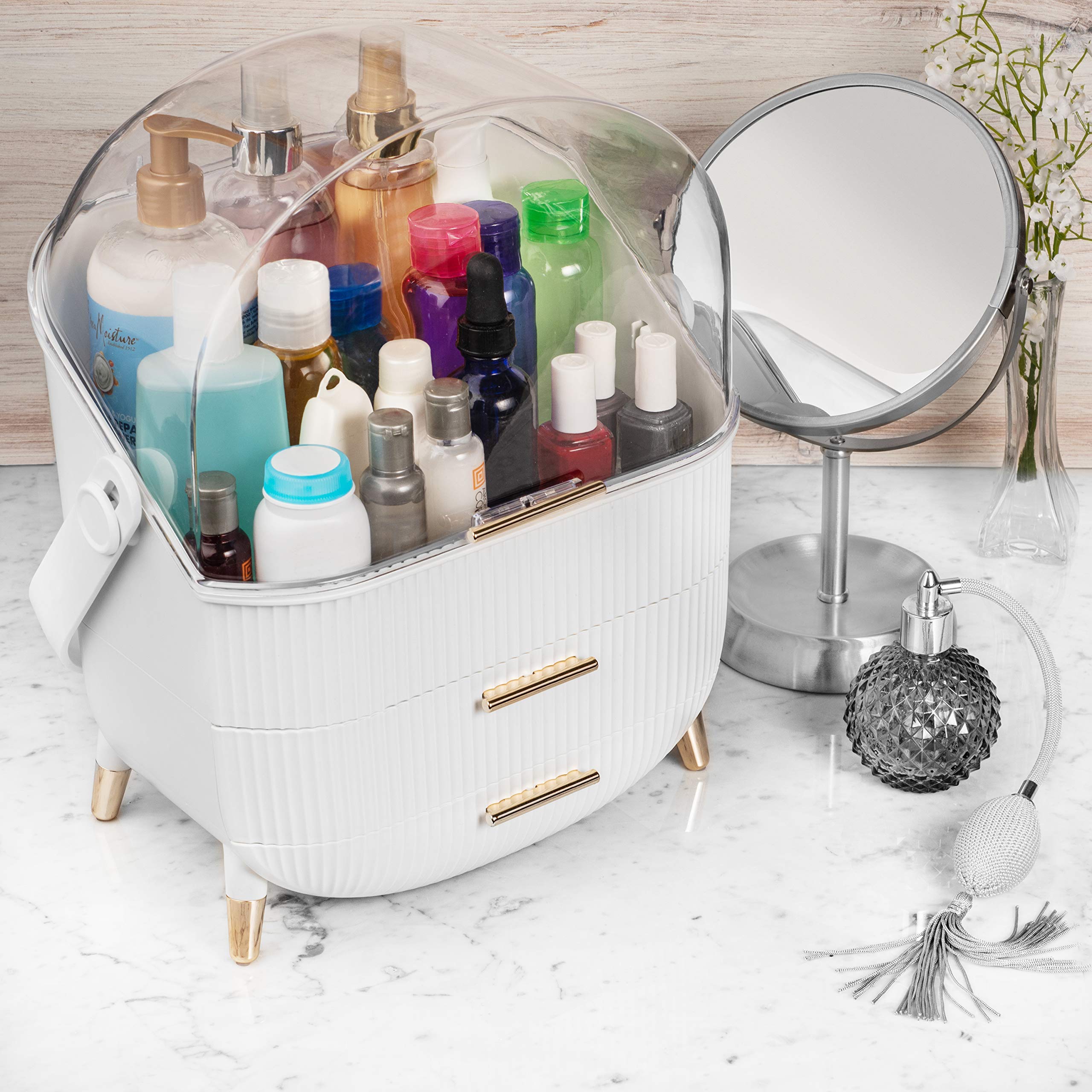 COLIBROX Acrylic Makeup Organizer with Lid & Drawers - Waterproof Cosmetic Storage Case in White & Rose Gold | Perfect for Bathroom Countertop, Vanity, Dresser & Desk Organization