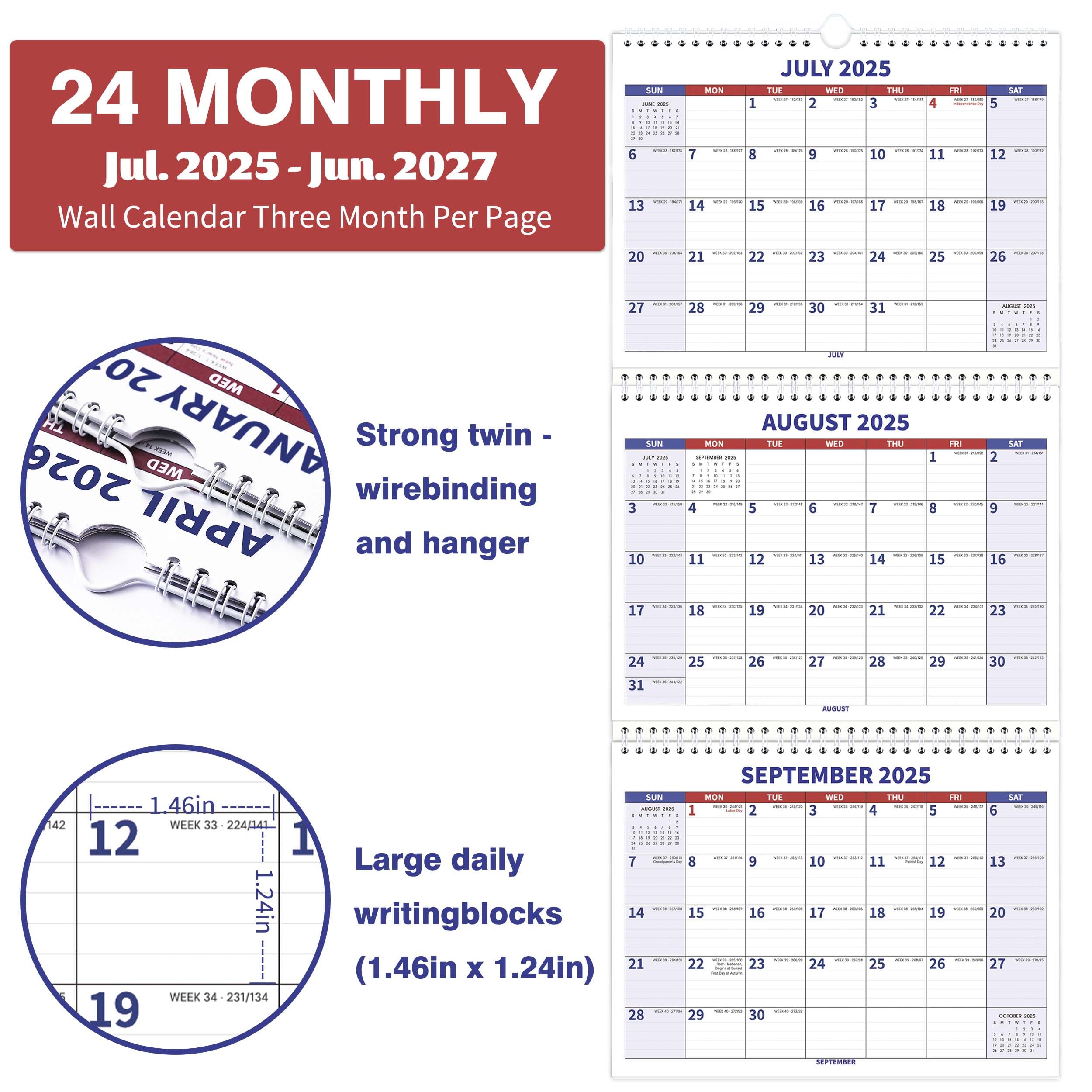 2025-2027 Wall Calendar - 3 Month Vertical Display Planner | July 2025 - June 2027 | 2 Year Academic Calendar with US Holidays | 11
