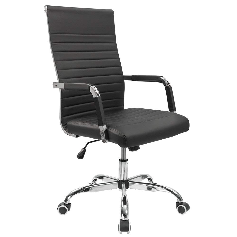 Furmax Mid-Back PU Leather Office Chair - Adjustable Swivel Executive Desk Chair with Arms, Ergonomic Ribbed Design for Home Office, Conference Room & Workstation (Black) - Perfect for Long Work Hours & Professional Meetings