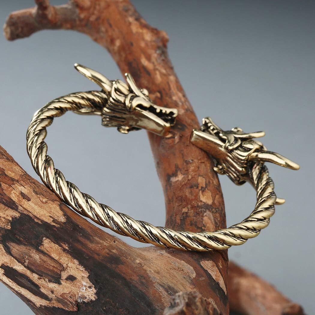 AILUOR Norse Viking Dragon Cuff Bracelet for Men - Adjustable Gold & Silver Pagan Jewelry, Cool Twisted Arm Rings for Medieval, LARP & Fantasy Costume Accessories