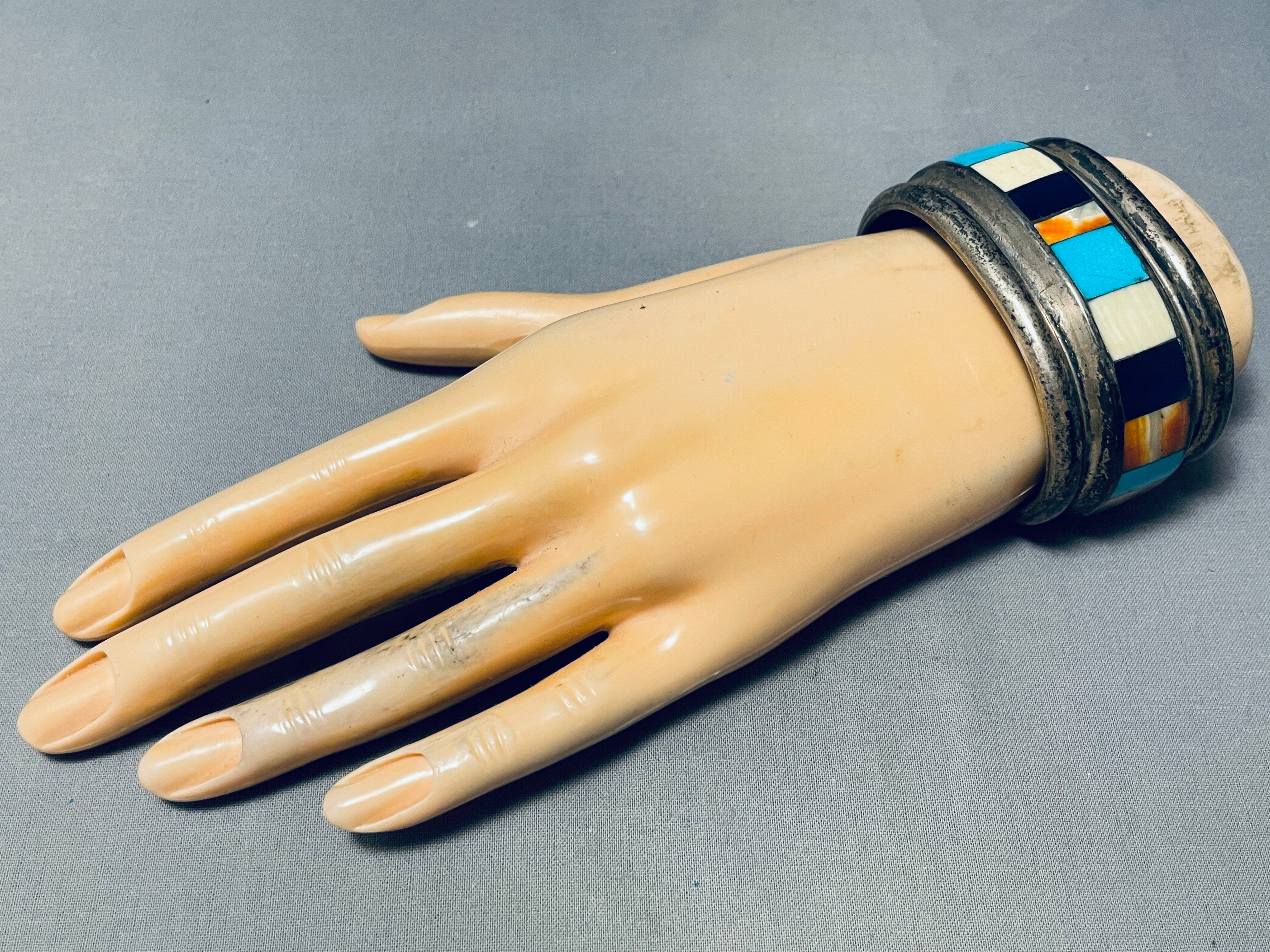 161 Grams Heavy Vintage Navajo Turquoise Inlay Sterling Silver Bracelet - Handmade Native American Jewelry for Women, Boho Chic Accessories, Perfect for Festivals & Special Occasions