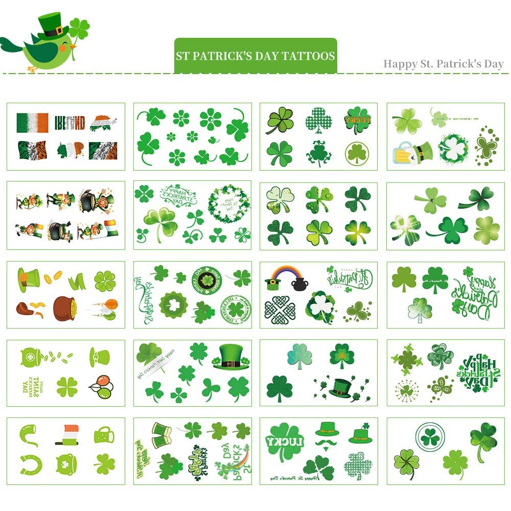 20 Unique St. Patrick's Day Shamrock Tattoos for Kids - Irish Themed Temporary Face Tattoos for Parades, Parties & Festive Decorations - Perfect for St. Paddy's Day Celebrations & Celtic Events