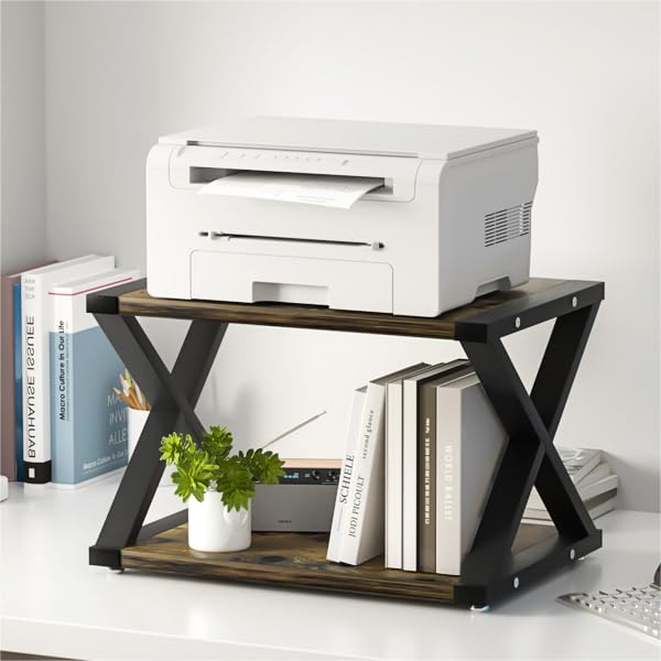 2-Tier Desktop Printer Stand - Heavy Duty Home Office Organizer for Fax Machine & Scanner, Rustic Brown - Perfect for Small Spaces & Clutter-Free Workspaces