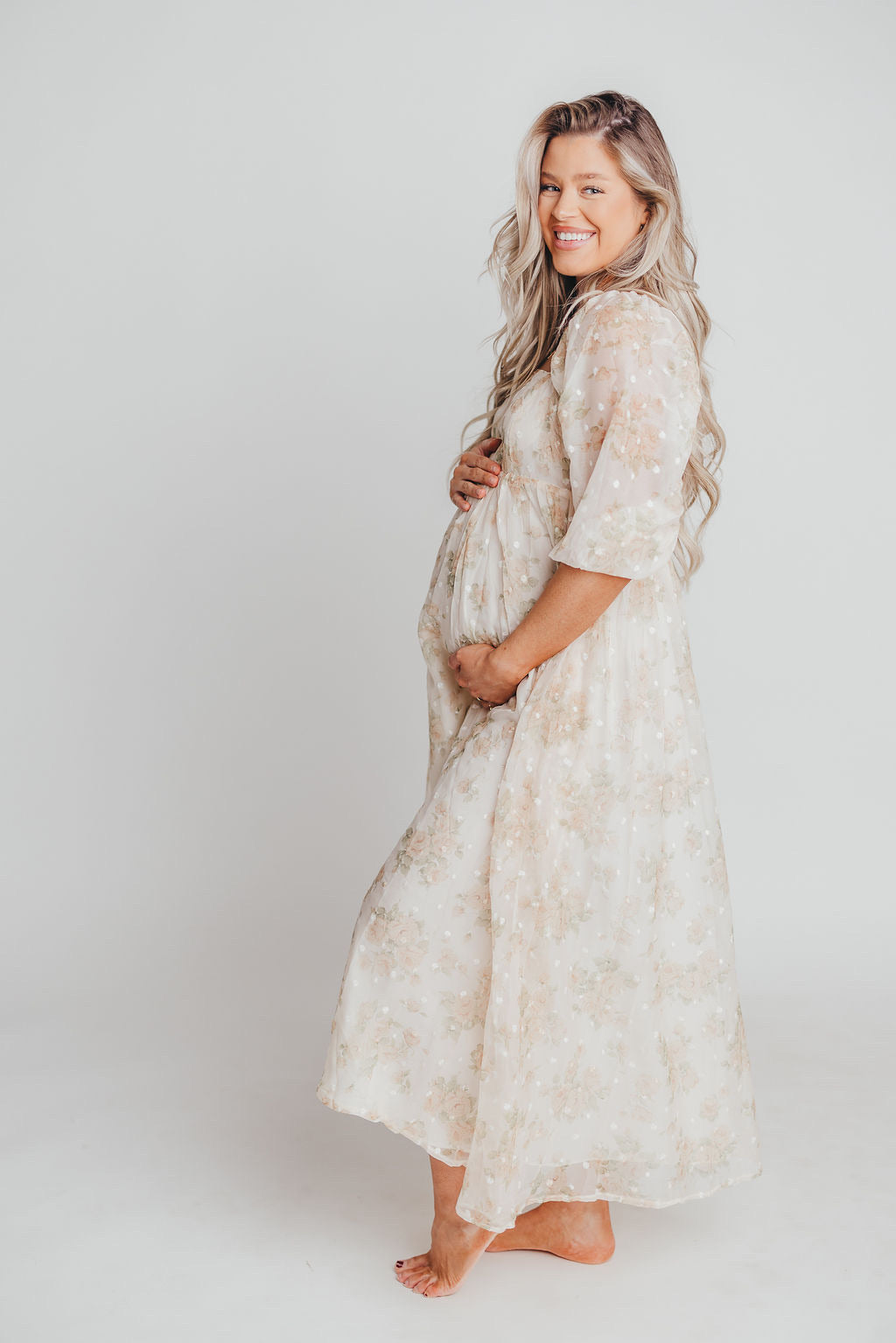 Elegant Cream Floral Smocked Maxi Dress for Women - Bump Friendly Maternity & Inclusive Sizing (S-3XL) | Perfect for Weddings, Beach Vacations & Summer Parties