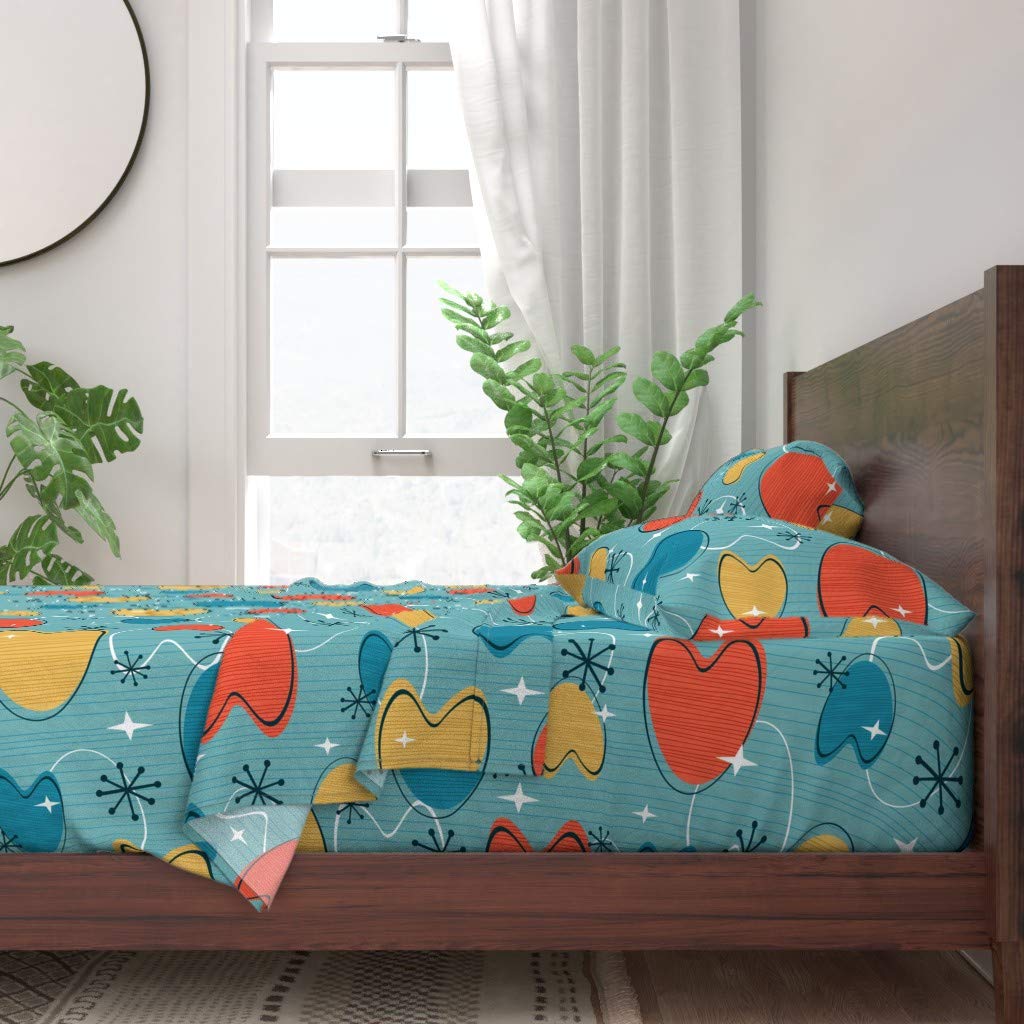 Retro Geometric Abstract Cotton Sheets Twin 3-Piece Set - Midcentury Modern Blue Large Print Bedding for Home Decor & Guest Room