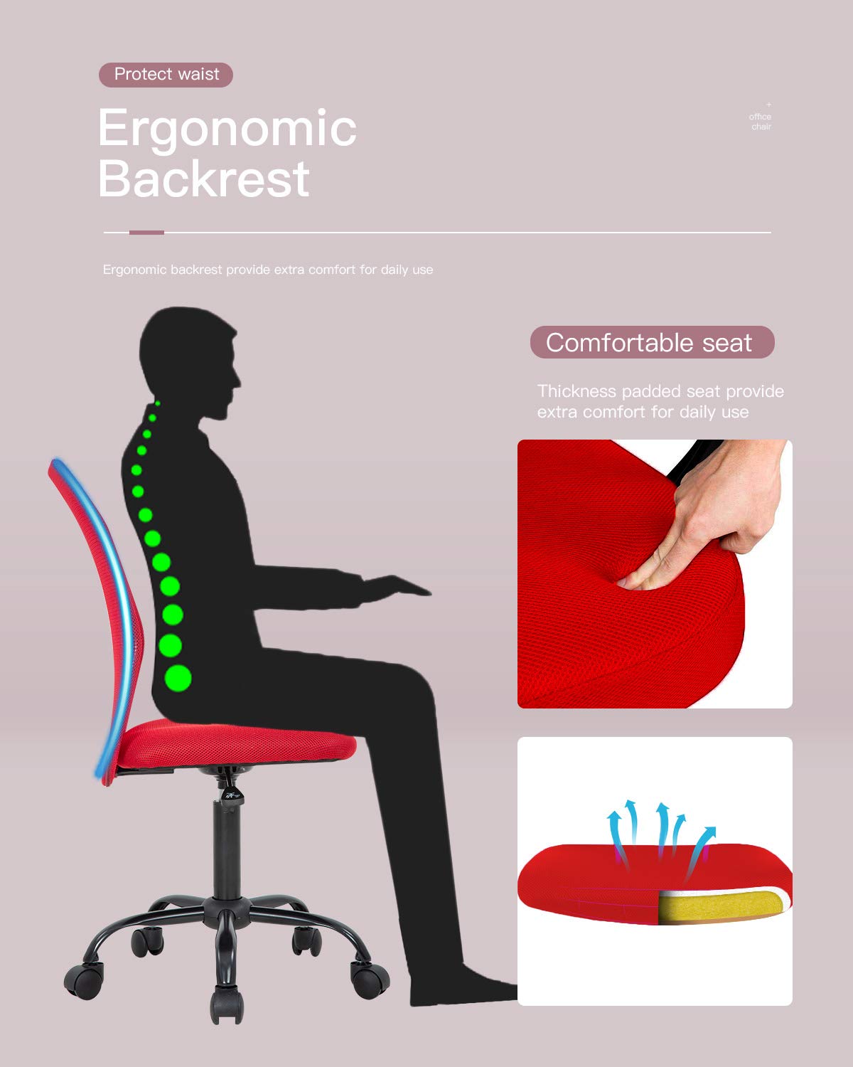 Ergonomic Office Chair with Lumbar Support - Mesh Back Computer Desk Chair, Armless Modern Executive Swivel Rolling Chair for Home & Office Use (Red) - Perfect for Long Work Hours, Gaming, and Study Sessions
