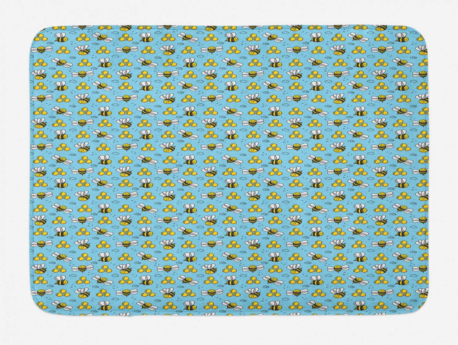 Ambesonne Cartoon Bath Mat - Funny Happy Flying Characters & Hexagon Comb Design, Non-Slip Plush Bathroom Rug, 30.2