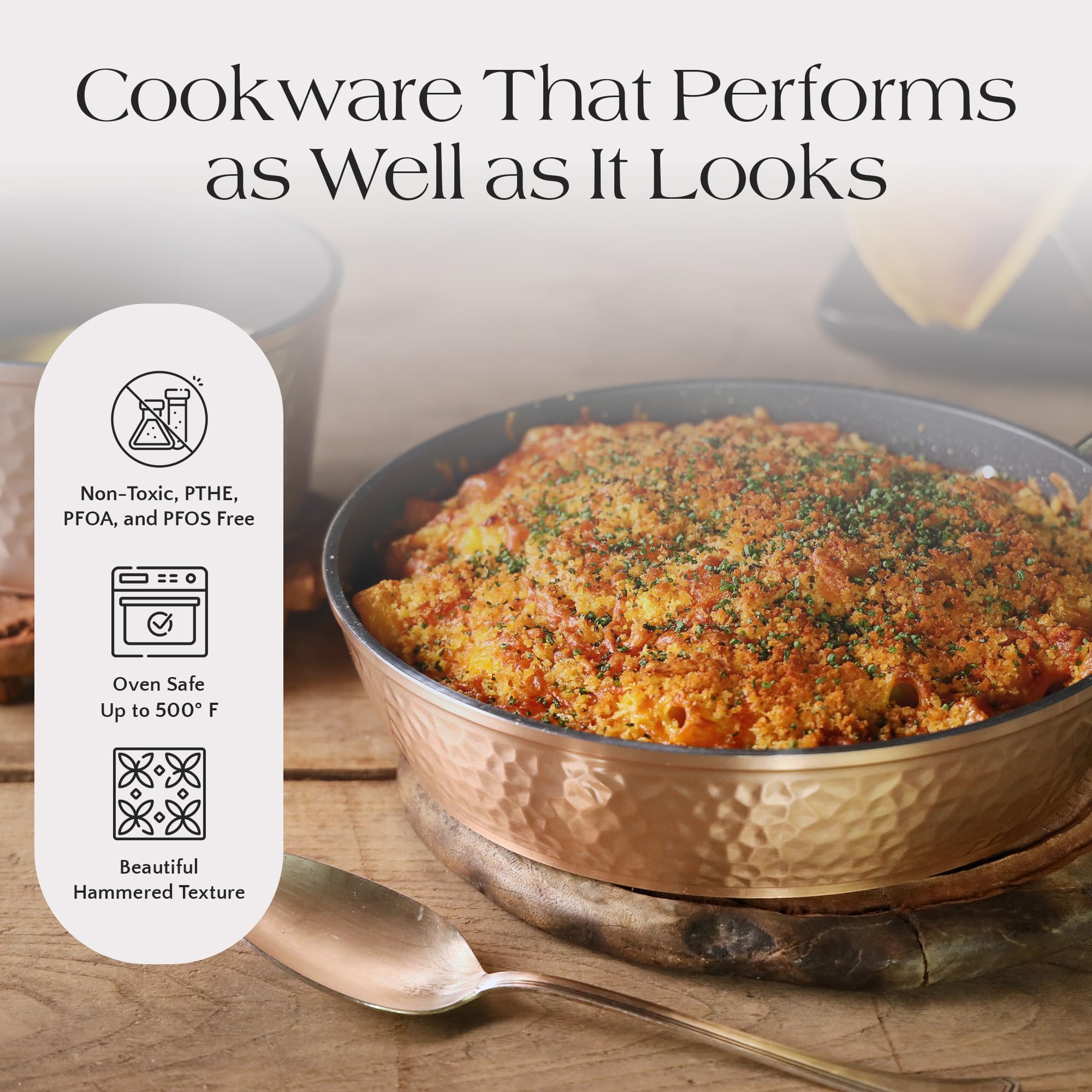 10-Piece Ceramic Non-Stick Cookware Set with Glass Lids - Rose Gold Hammered Design, Oven & Stove Top Safe (500°F), Lightweight & Durable Pots and Pans for Everyday Cooking, Frying, Baking & Serving