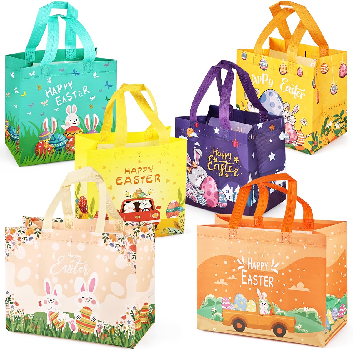 6PCS Easter Egg Hunt Bags with Handles - Assorted Sizes Bunny Carrot Chick Design, Reusable Non-Woven Easter Treat Bags for Gift Wrapping, Party Favors & Egg Hunt Games | Perfect for Easter Celebrations, School Events & Spring Festivities