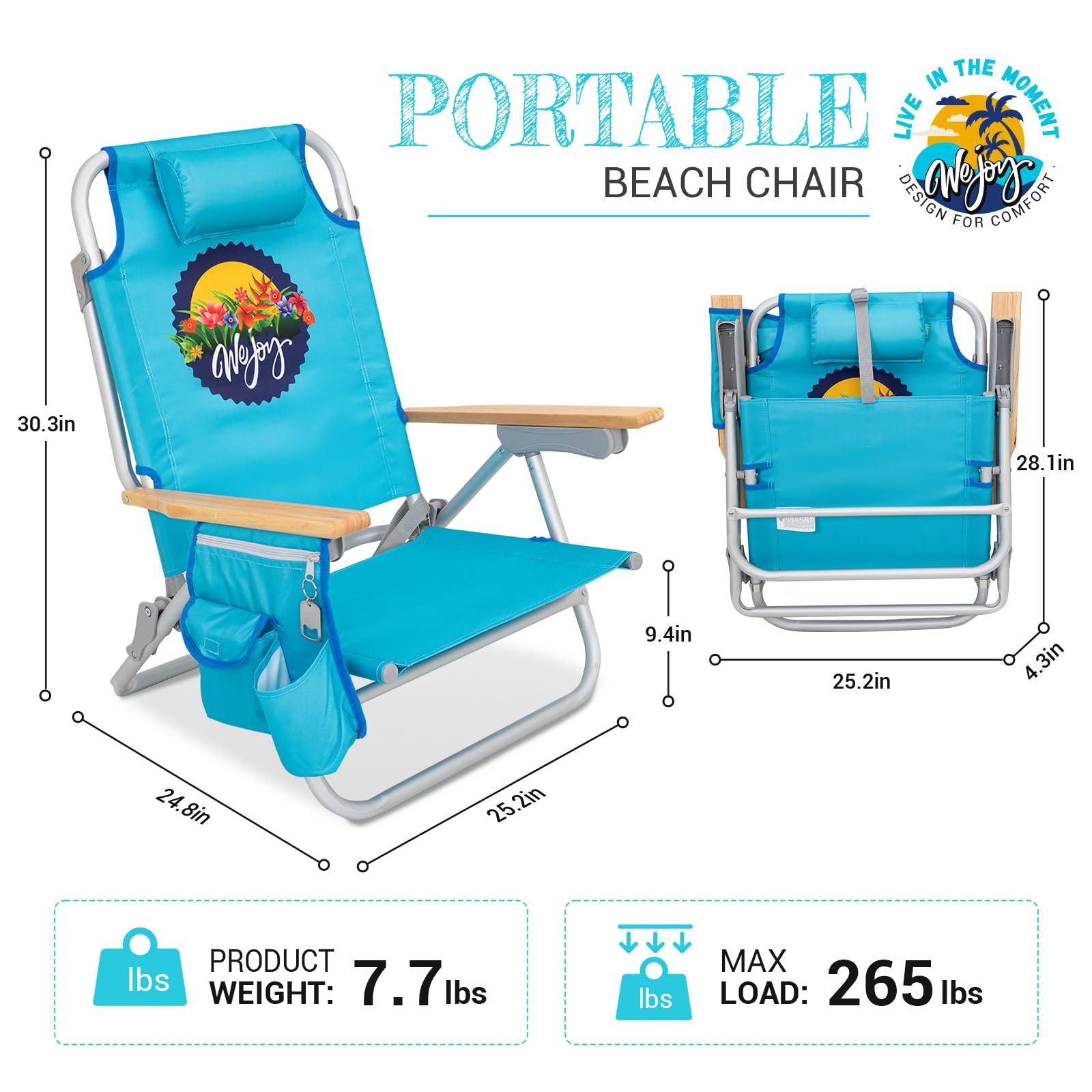 WEJOY 4-Position Adjustable Beach Chair for Adults - Portable Backpack Folding Chair with Wooden Armrest, Lightweight Aluminum Frame & Back Pocket - Perfect for Beach, Pool, Camping, Patio & Backyard Relaxation (Blue)