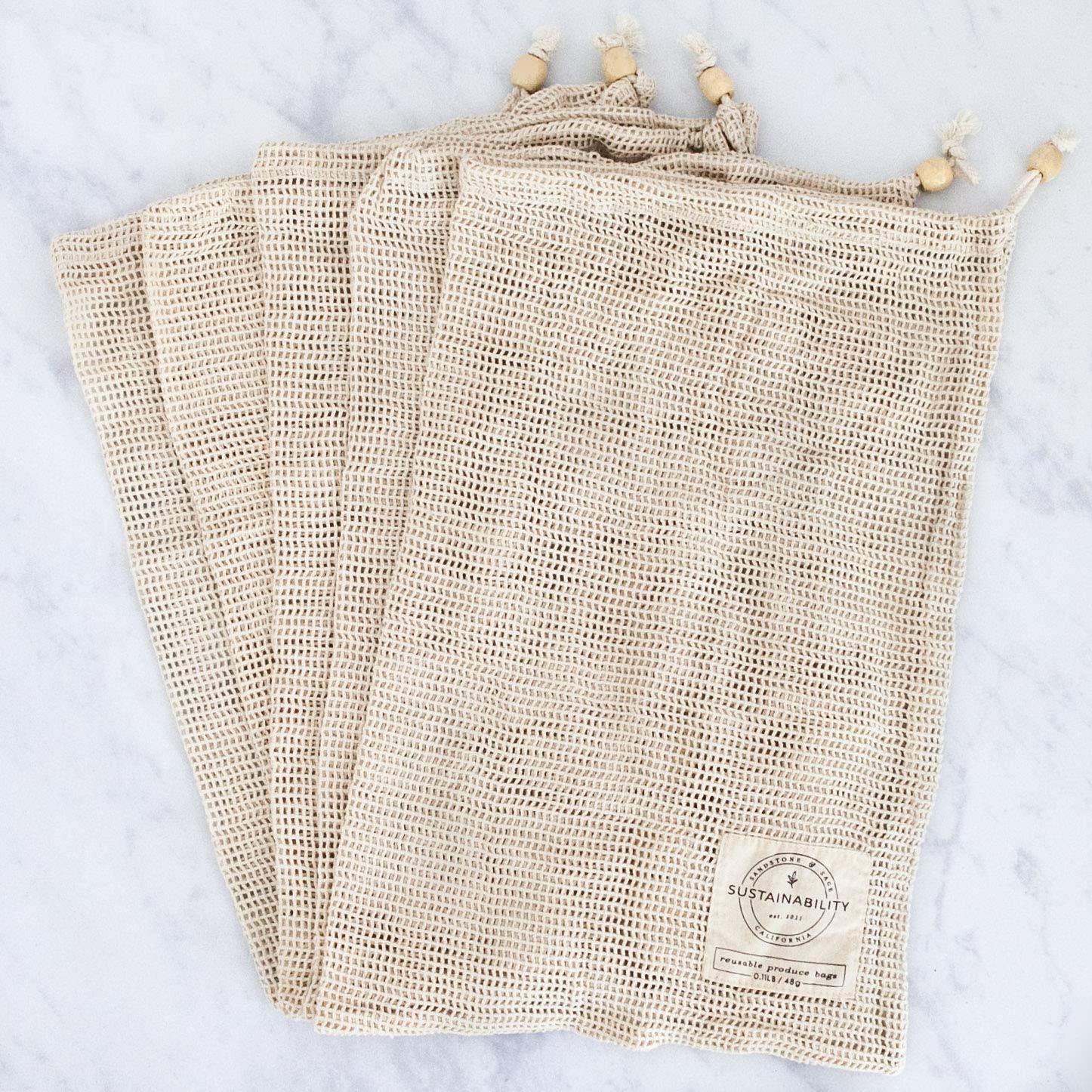 **Organic Cotton Mesh Reusable Produce Bags - Biodegradable Zero Waste Grocery Bags with Drawstring & Tare Weights (Large 17
