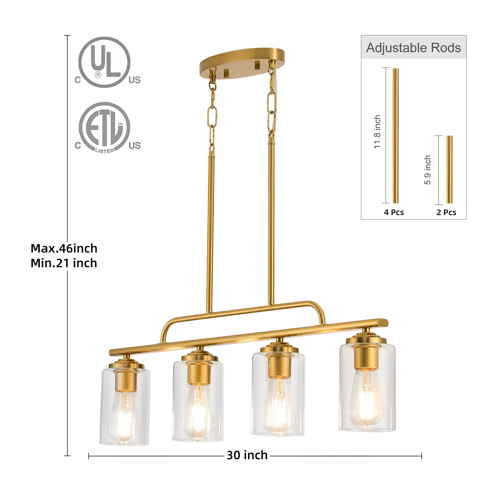 Brushed Gold Modern Linear Chandelier - 4-Light Pendant Lighting Fixture for Kitchen Island & Dining Room | Durable Ceiling Hanging Light Over Table | Perfect for Contemporary Homes, Restaurants, and Open-Concept Spaces