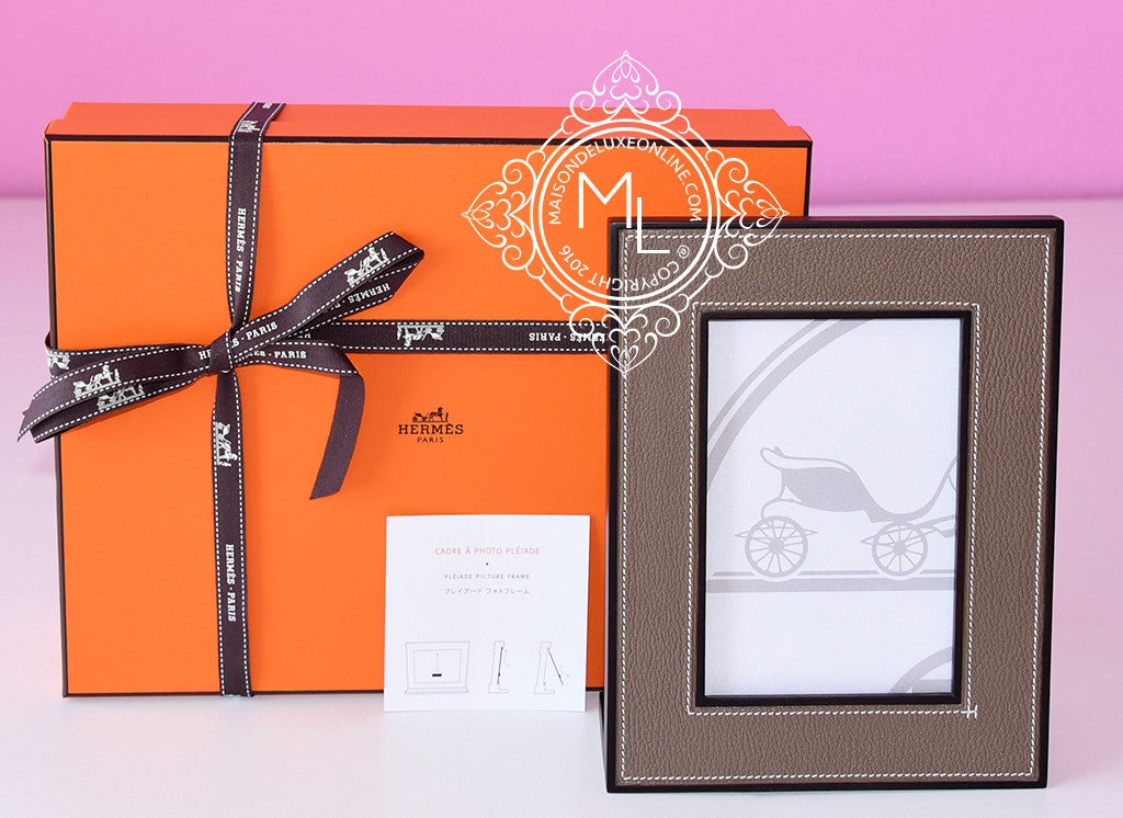 Hermes Classic Pleiade Etoupe Leather Photo Frame - Luxury Leather Picture Frame for Home & Office Decor - Perfect for Displaying Family Photos, Wedding Pictures, and Artwork