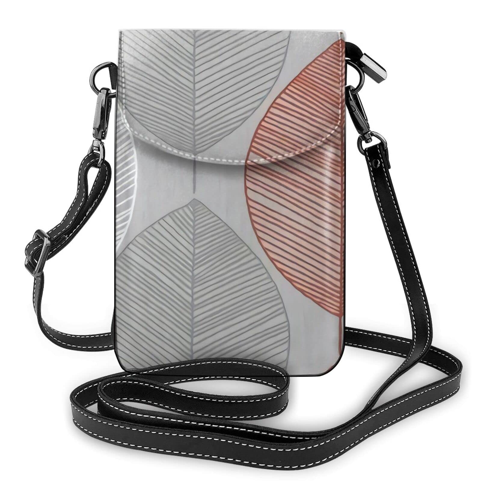 Women's PU Leather Crossbody Phone Purse - Burnt Orange, Black & Grey Leaf Print - Small Wallet Bag for iPhone, Cards & Essentials | Perfect for Travel, Shopping & Everyday Use