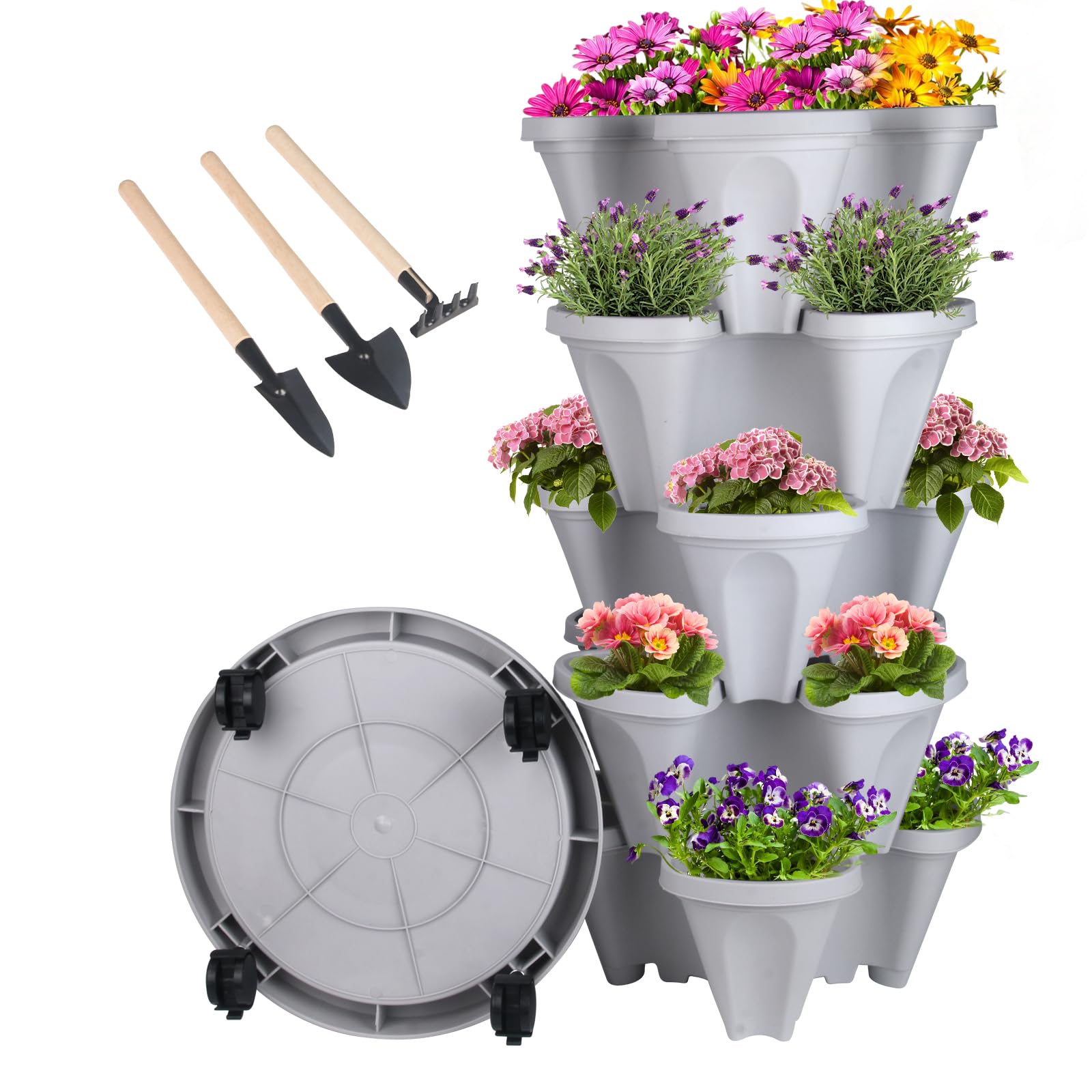 5-Tier Stackable Vertical Planter for Strawberries, Herbs, Flowers & Vegetables - Indoor/Outdoor Garden Planter with Removable Wheels & Tools - Perfect for Small Spaces, Balconies & Urban Gardening