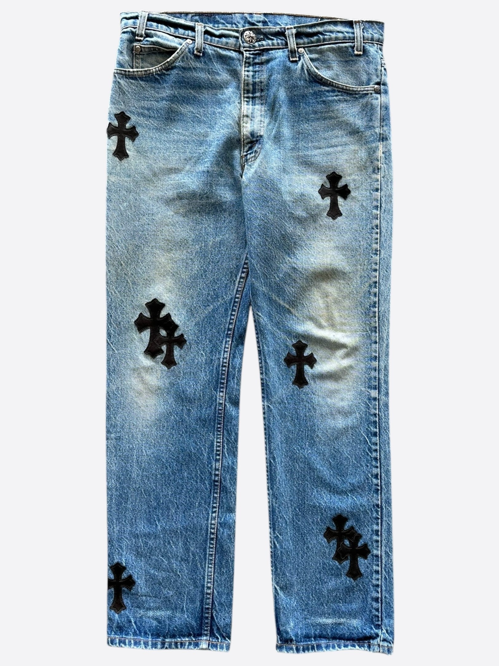Chrome Hearts x Levi's Blue & Black Cross Patch Denim Jeans for Men - Stylish Vintage Streetwear for Casual Outfits & Night Out