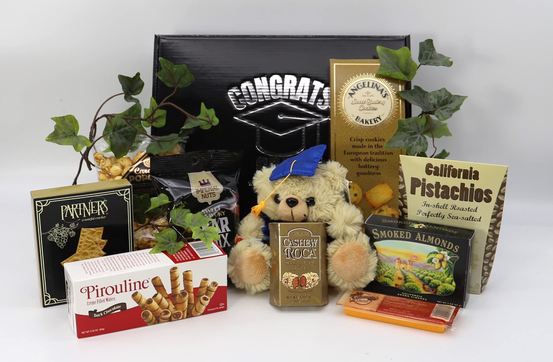 Gift Basket Village - Congrats Grad Deluxe Gift Box: Premium Gourmet Snacks, Soft Plush & Sweet Treats | Handcrafted in USA | Perfect Graduation Gift for Students, Friends & Family | Ideal for Graduation Parties, Celebrations & Thank You Gifts
