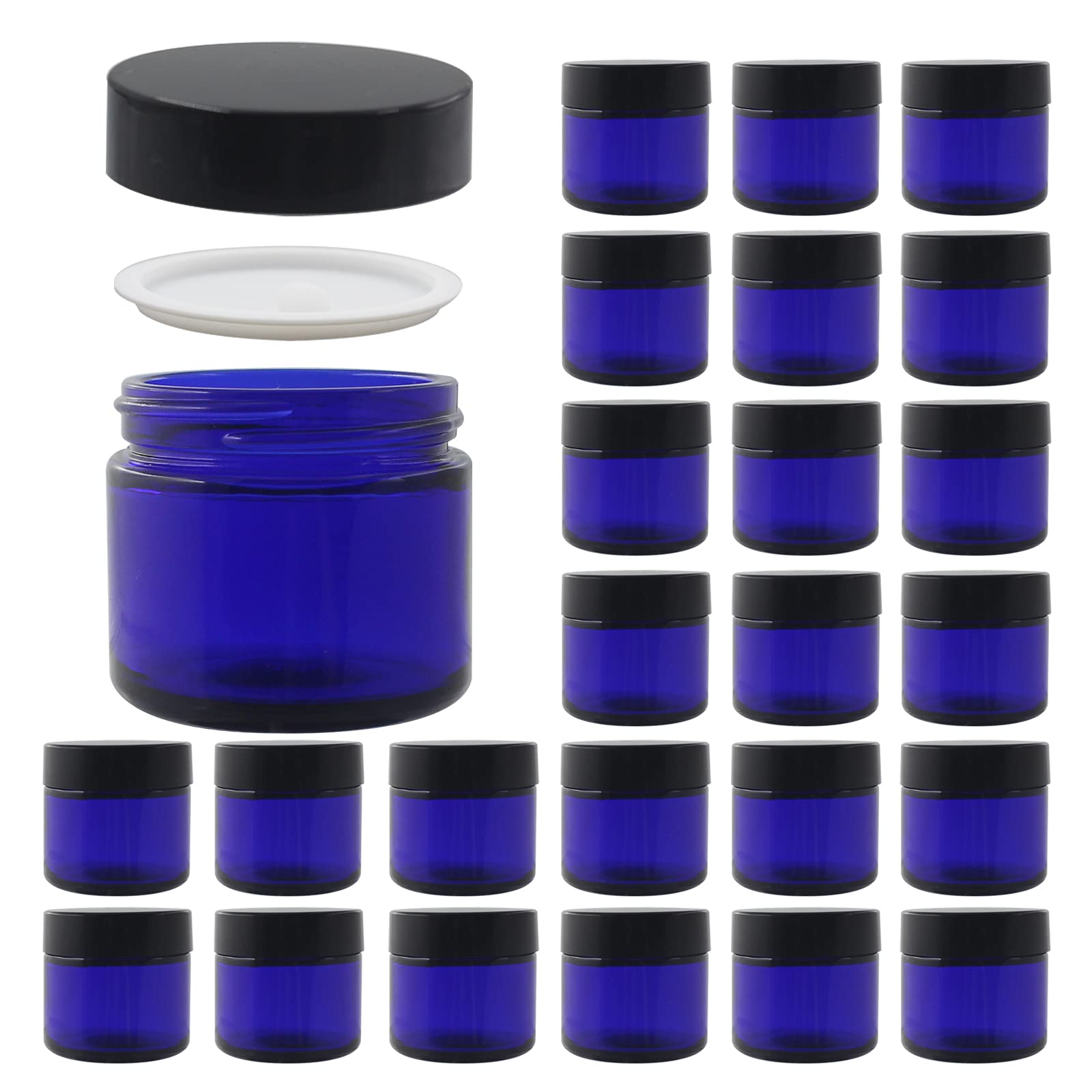 24 Pack 2 oz Round Blue Glass Cosmetic Jars with Inner Liners & Black Lids | Travel-Friendly Refillable Containers for Makeup, Cream, Lotion, Sugar Scrubs | Perfect for DIY Beauty, Skincare, Crafts & Jewelry Storage | Ideal for Home, Salon & Travel Use