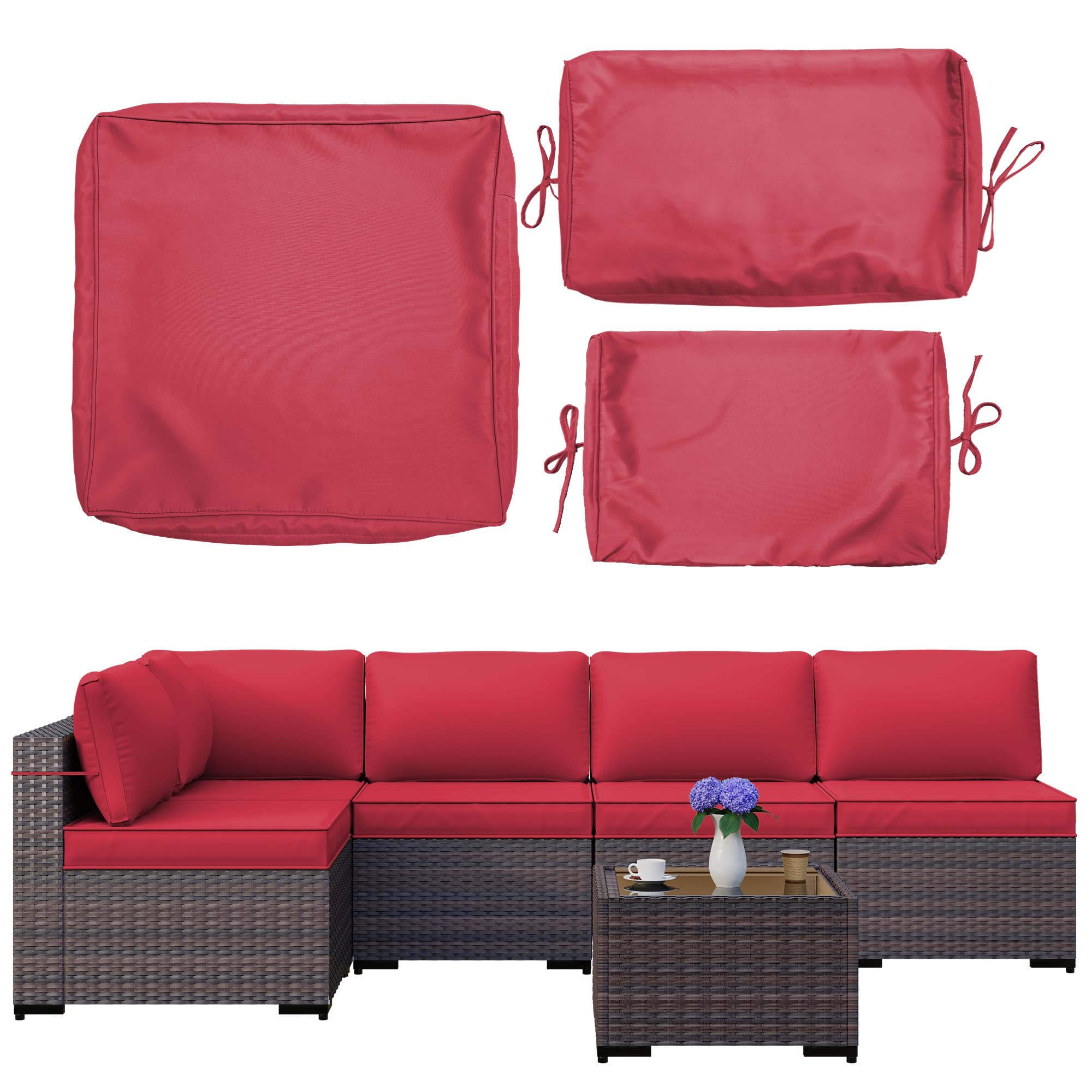 11-Piece Outdoor Cushion Covers Set - Waterproof & UV Resistant Patio Furniture Replacement Covers for Sofa, Chair & Back Pillows - Perfect for Garden, Deck, Poolside & Outdoor Living Spaces (Red)