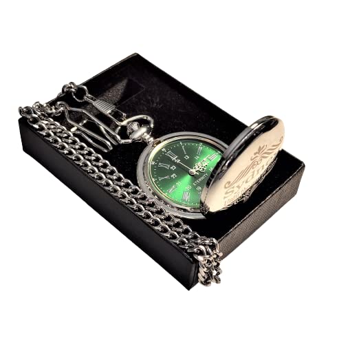 Vintage Silver Engraved Pocket Watch with Green Dial & Roman Numerals - Includes Chain, Fitted Box & Personalization - Perfect for Weddings, Anniversaries & Collectors