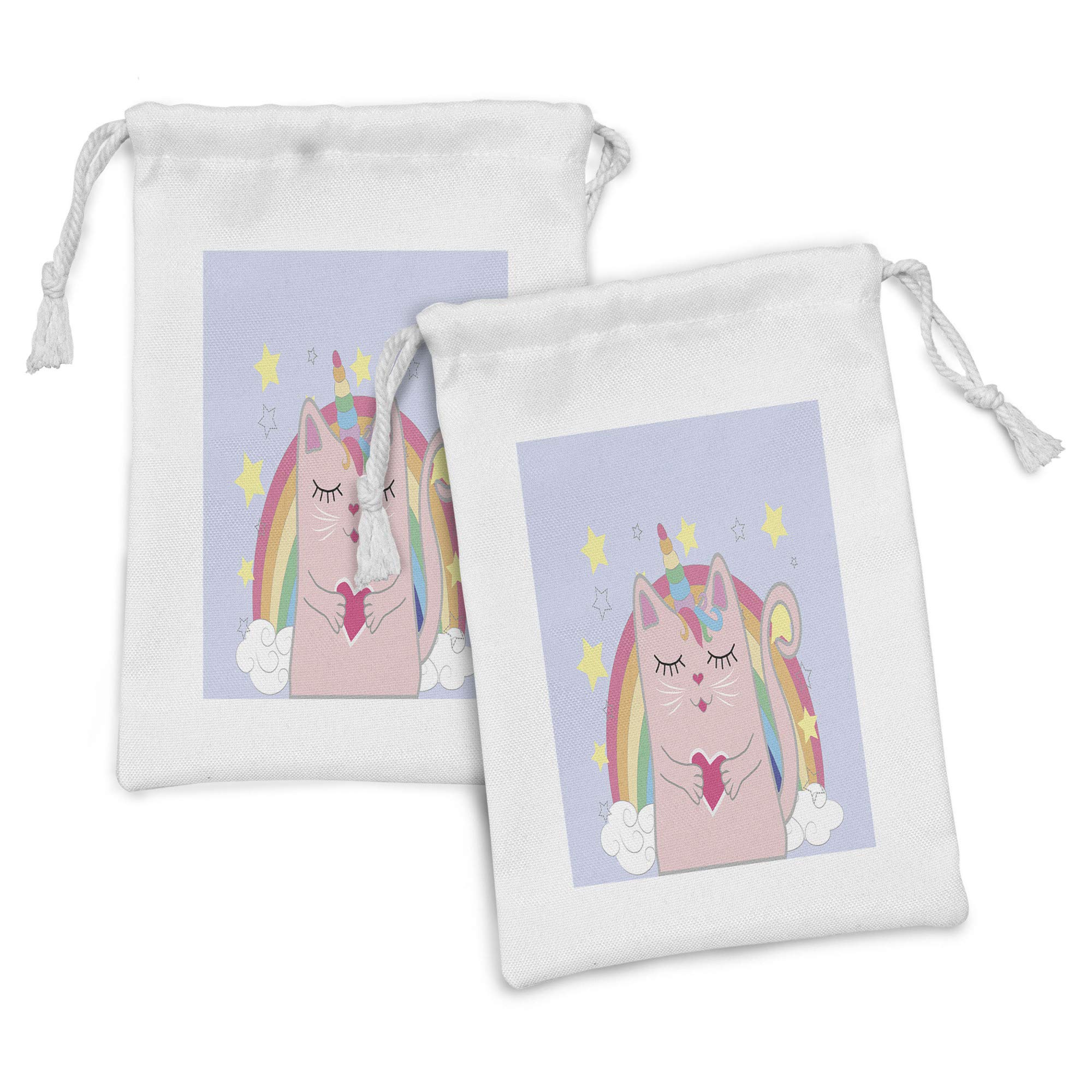 Ambesonne Rainbow Unicorn Cat Fabric Pouch Set of 2 - Cute Heart Kitten Stars Print Drawstring Bags (9